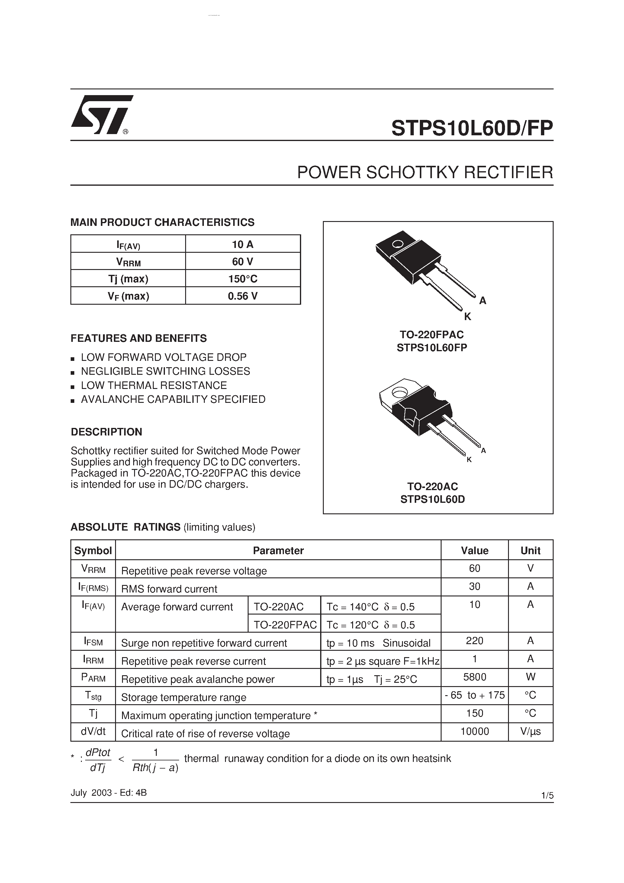 Datasheet STPS10L60D - POWER SCHOTTKY RECTIFIER page 1