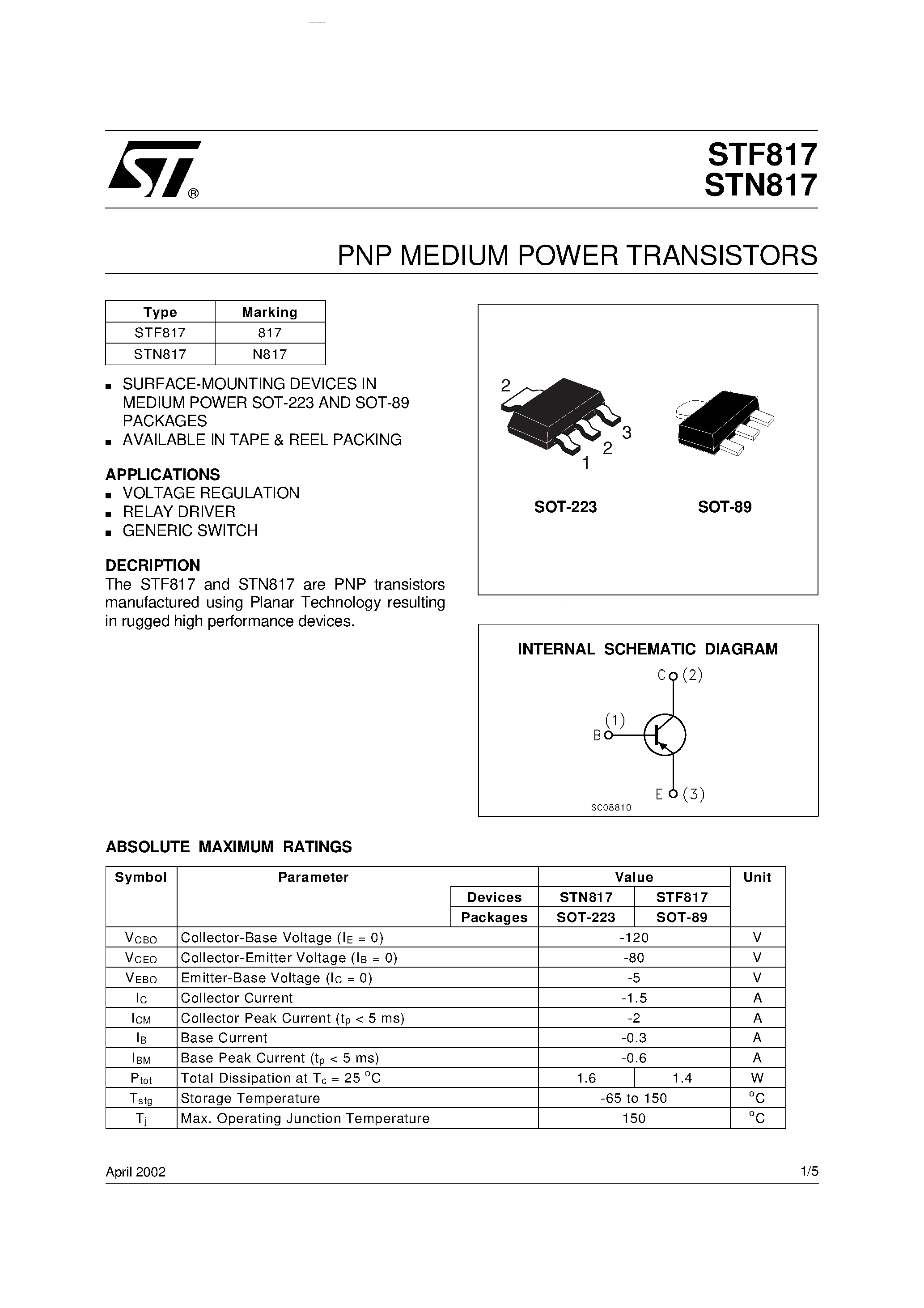 Datasheet STF817 - PNP MEDIUM POWER TRANSISTORS page 1