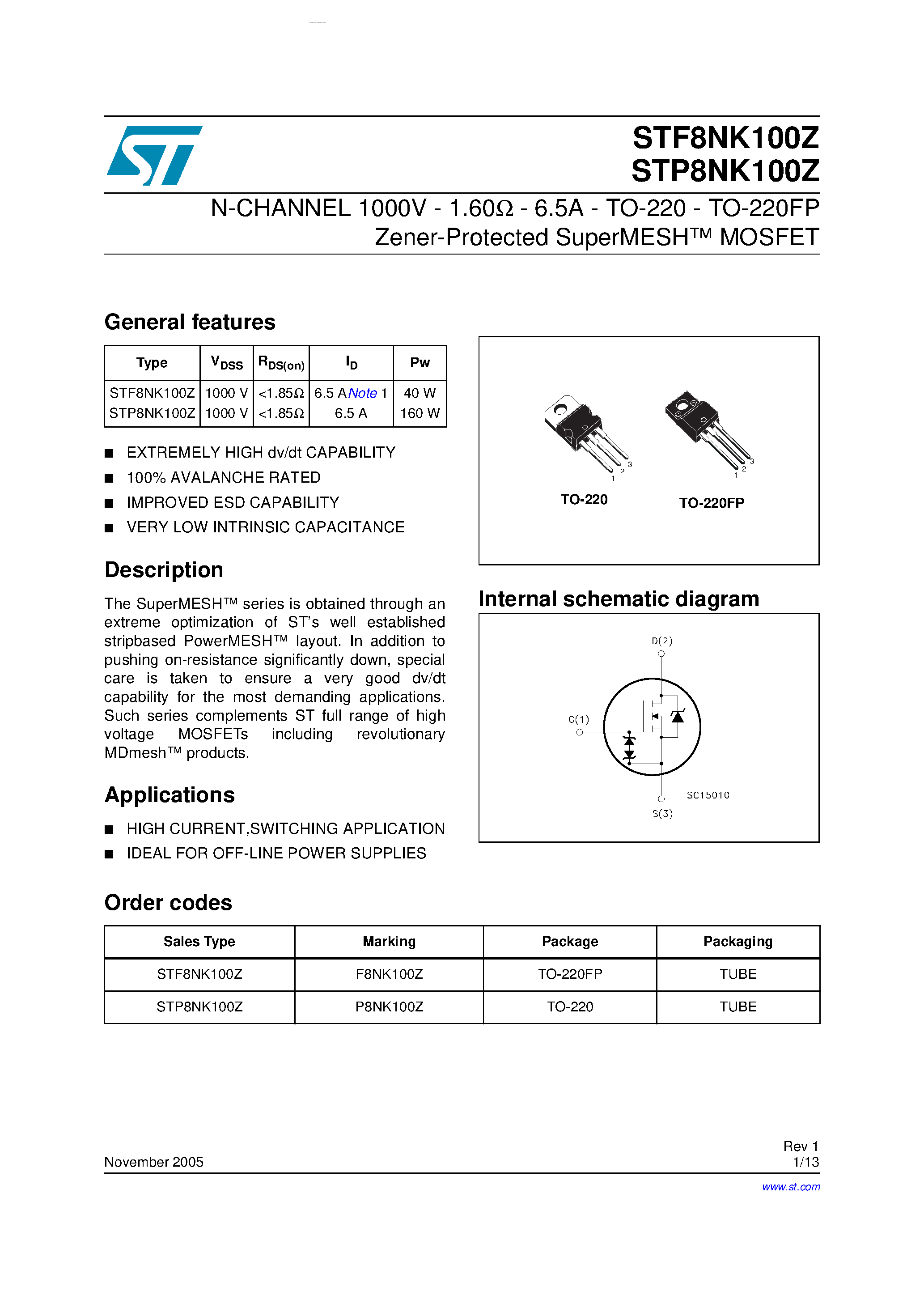 Datasheet STF8NK100Z - N-CHANNEL Zener-Protected SuperMESH TM MOSFET page 1