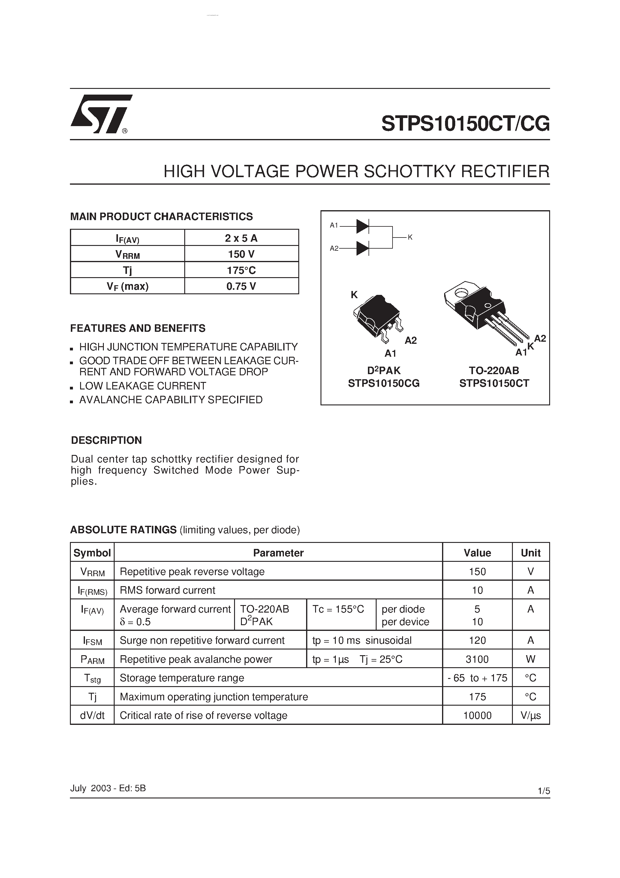Datasheet STPS10150CG - HIGH VOLTAGE POWER SCHOTTKY RECTIFIER page 1