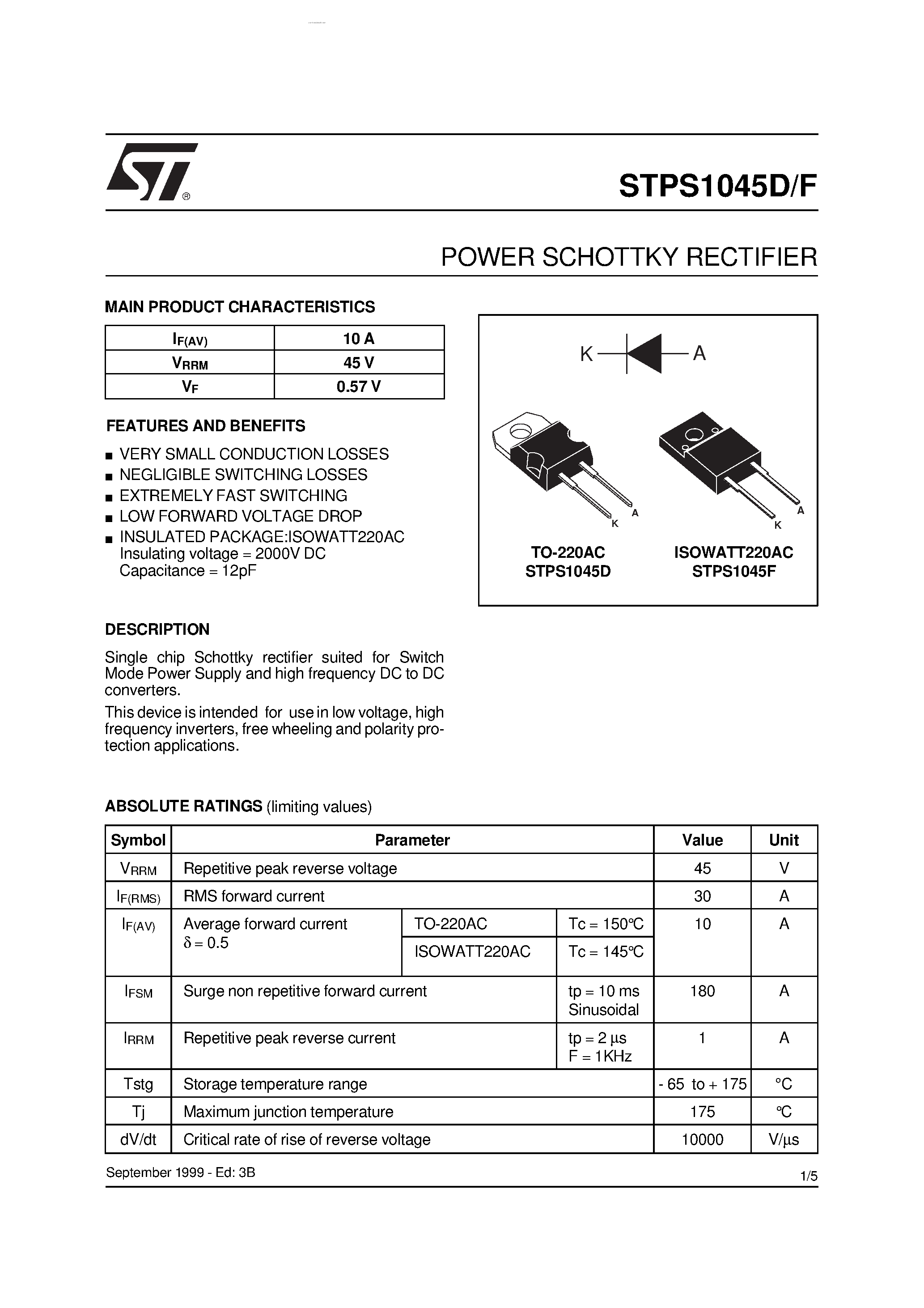Datasheet STPS1045D - POWER SCHOTTKY RECTIFIER page 1