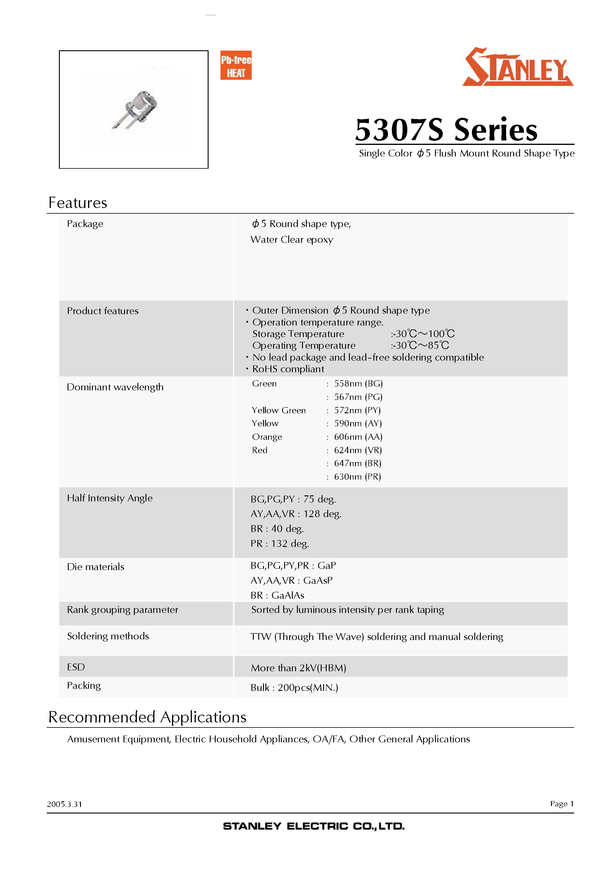 Datasheet 5307S - Single Color 5 Flush Mount Round Shape Type page 1