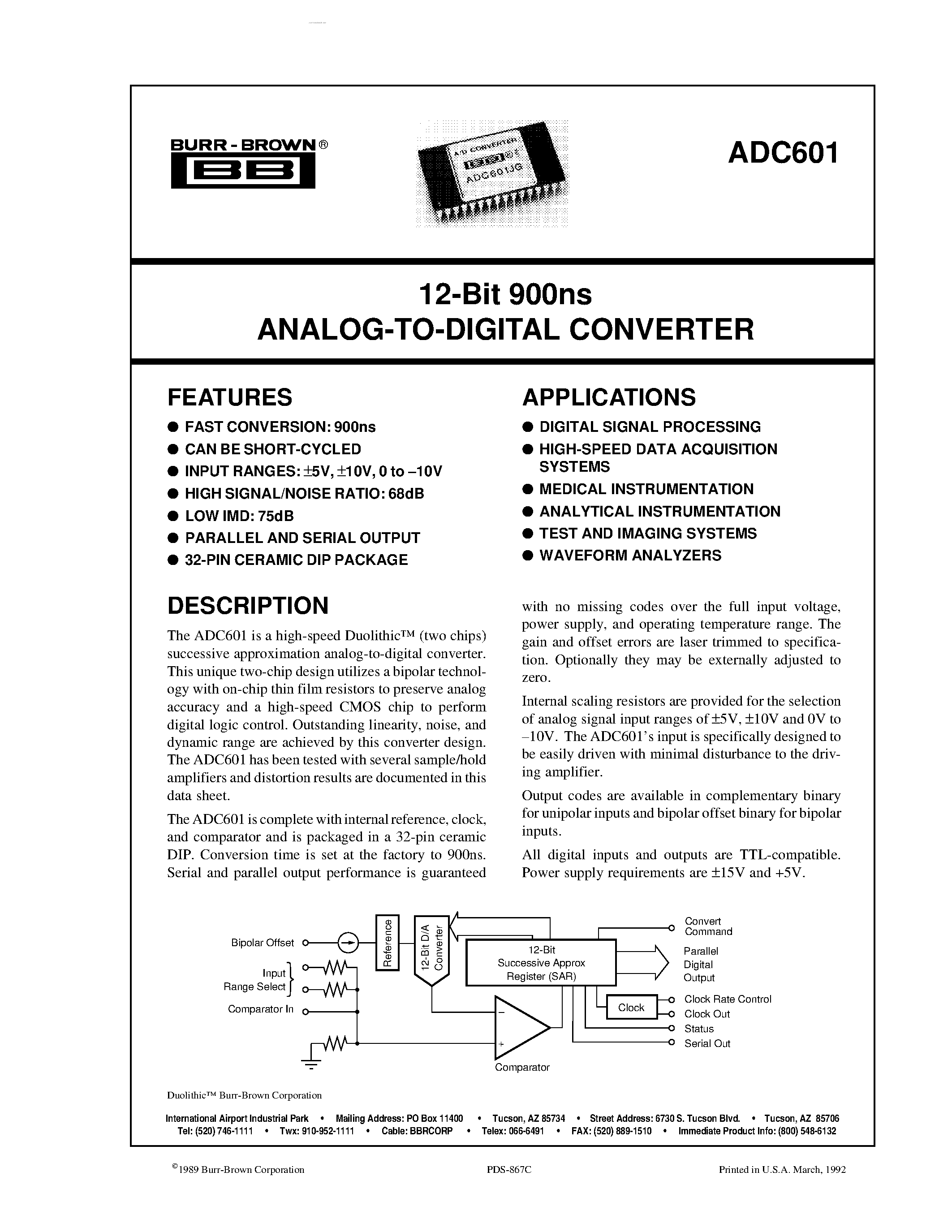 Datasheet ADC601 page 1 Datasheet ADC601 - ANALOG-TO-DIGITAL CONVERTER page 1