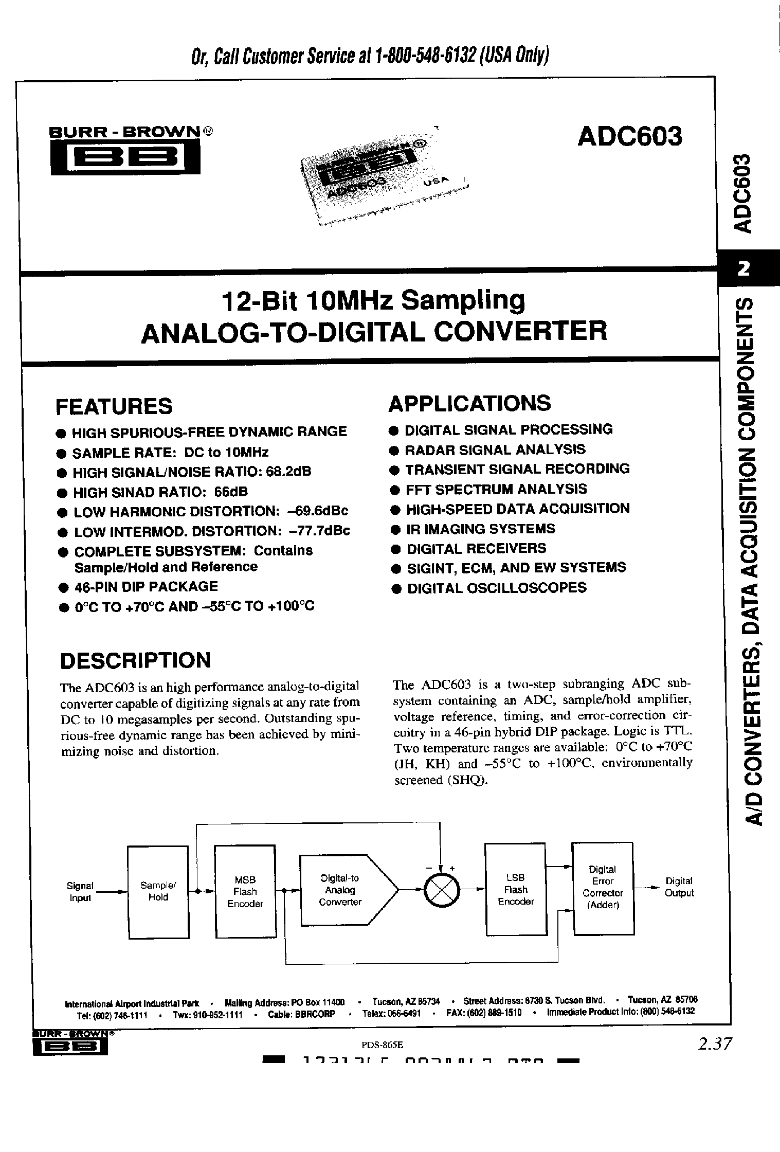Datasheet ADC603 - ANALOG-TO-DIGITAL CONVERTER page 1