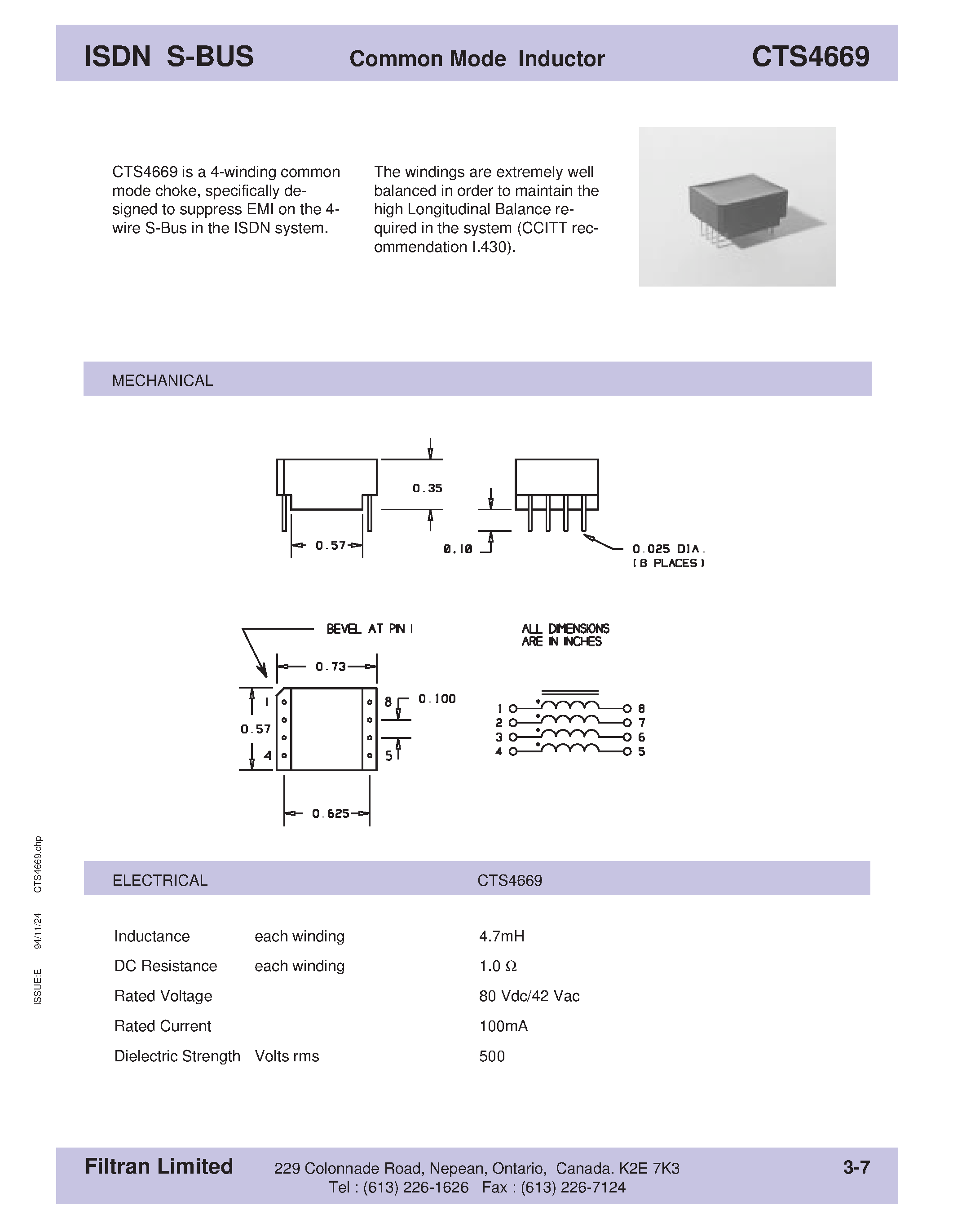 Datasheet CTS4669 - ISDN S-BUS Common Mode Inductor page 1