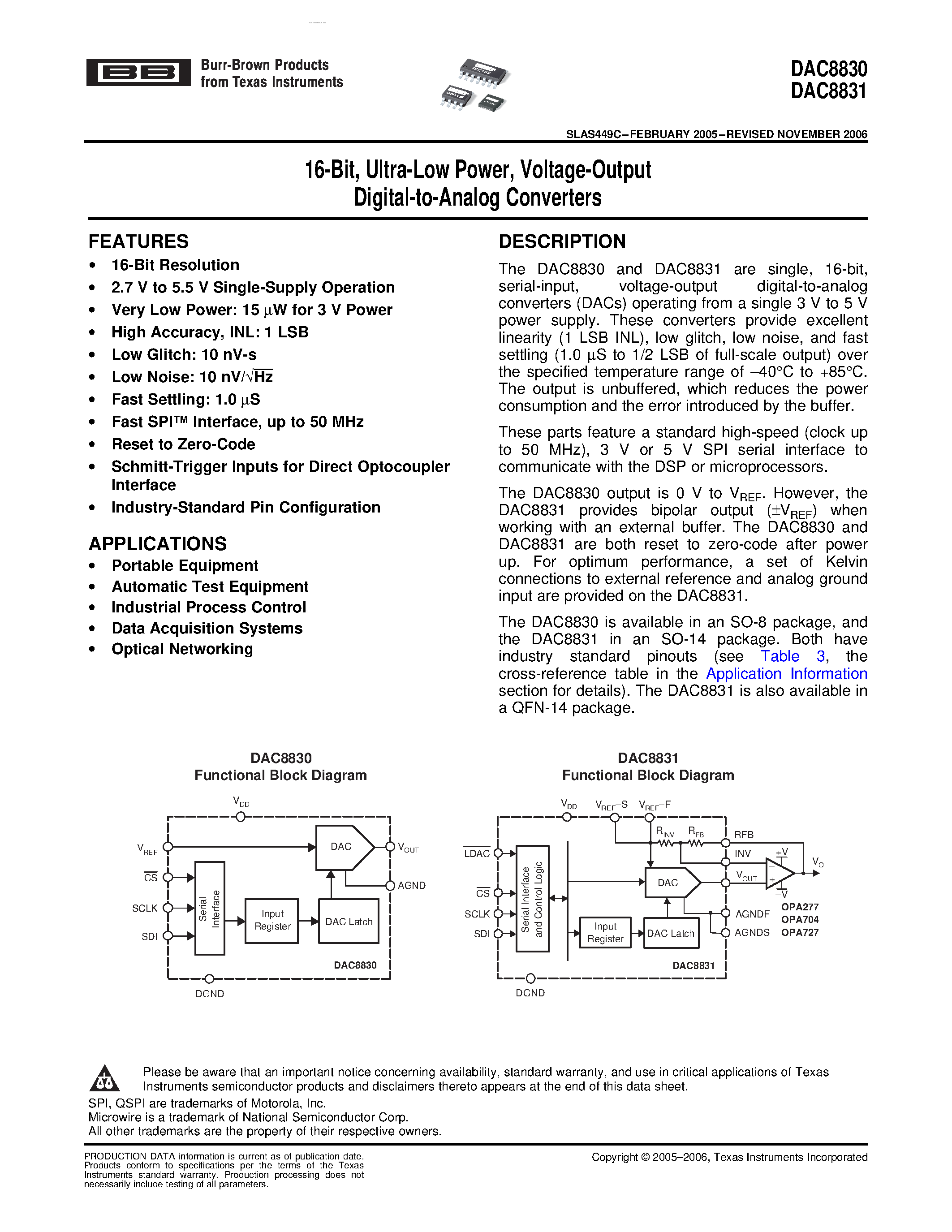 Datasheet DAC8830 - (DAC8830 / DAC8831) Voltage-Output Digital-to-Analog Converters page 1