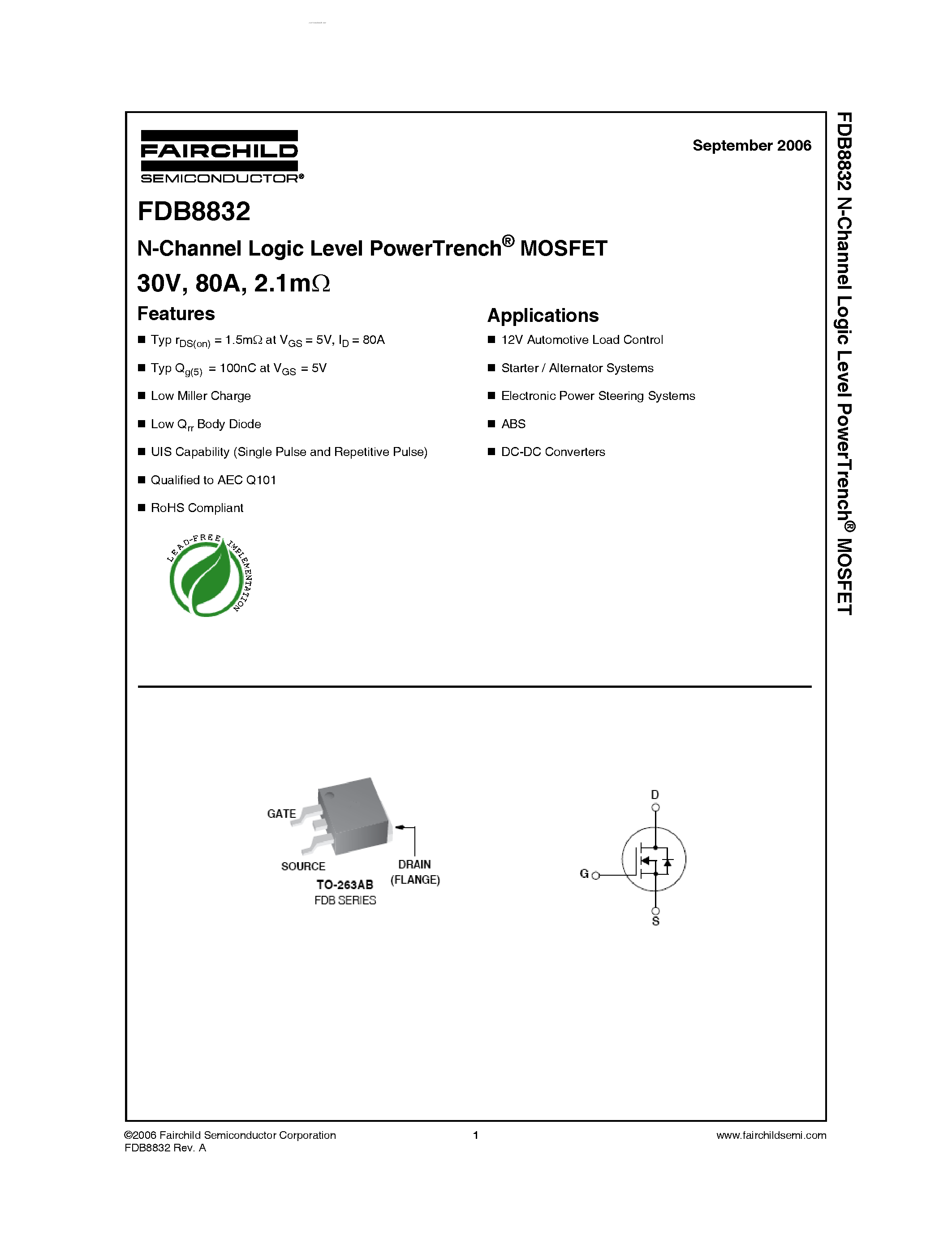 Datasheet FDB8832 - N-Channel Logic Level PowerTrench MOSFET page 1