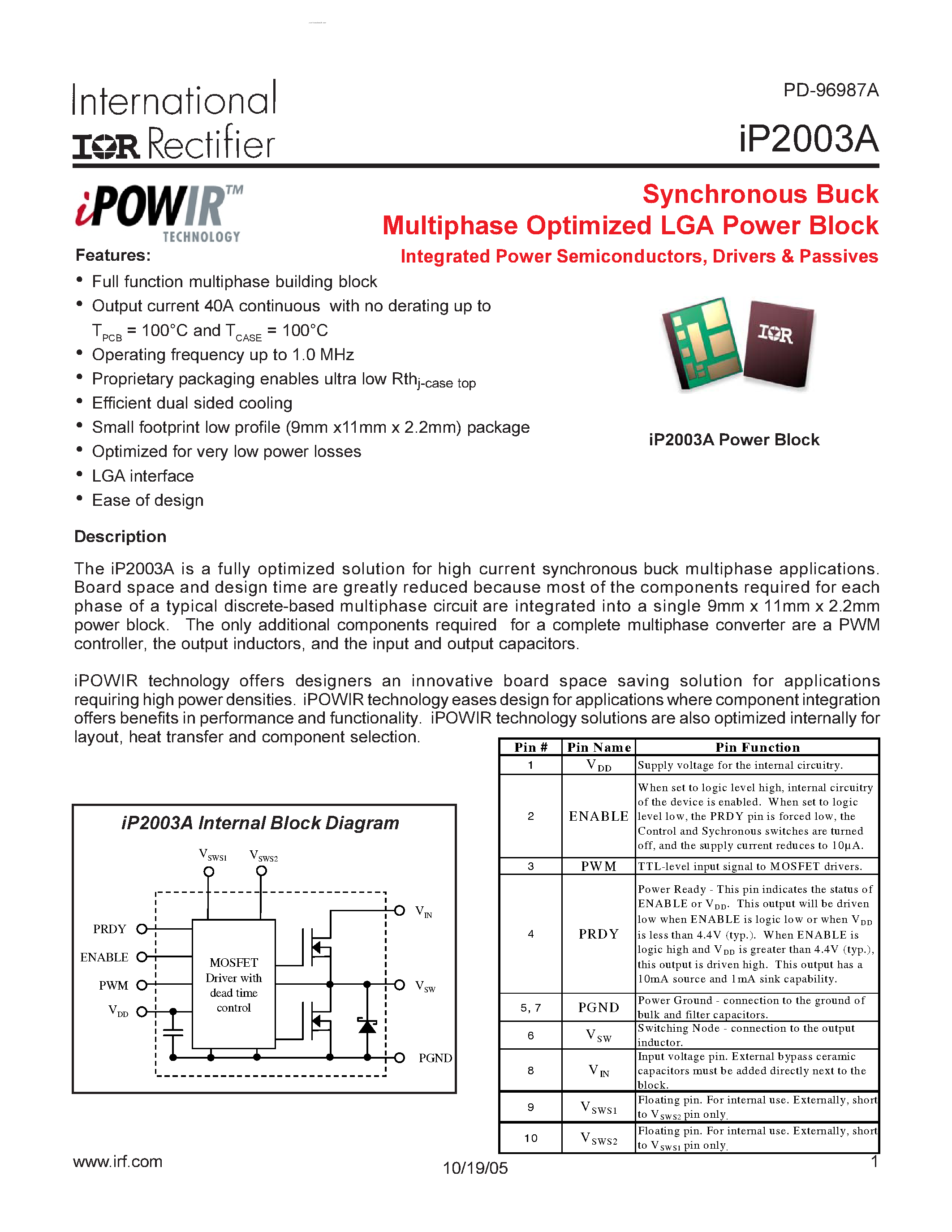 Даташит IP2003A - Synchronous Buck Multiphase Optimized LGA Power Block Integrated Power Semiconductors страница 1