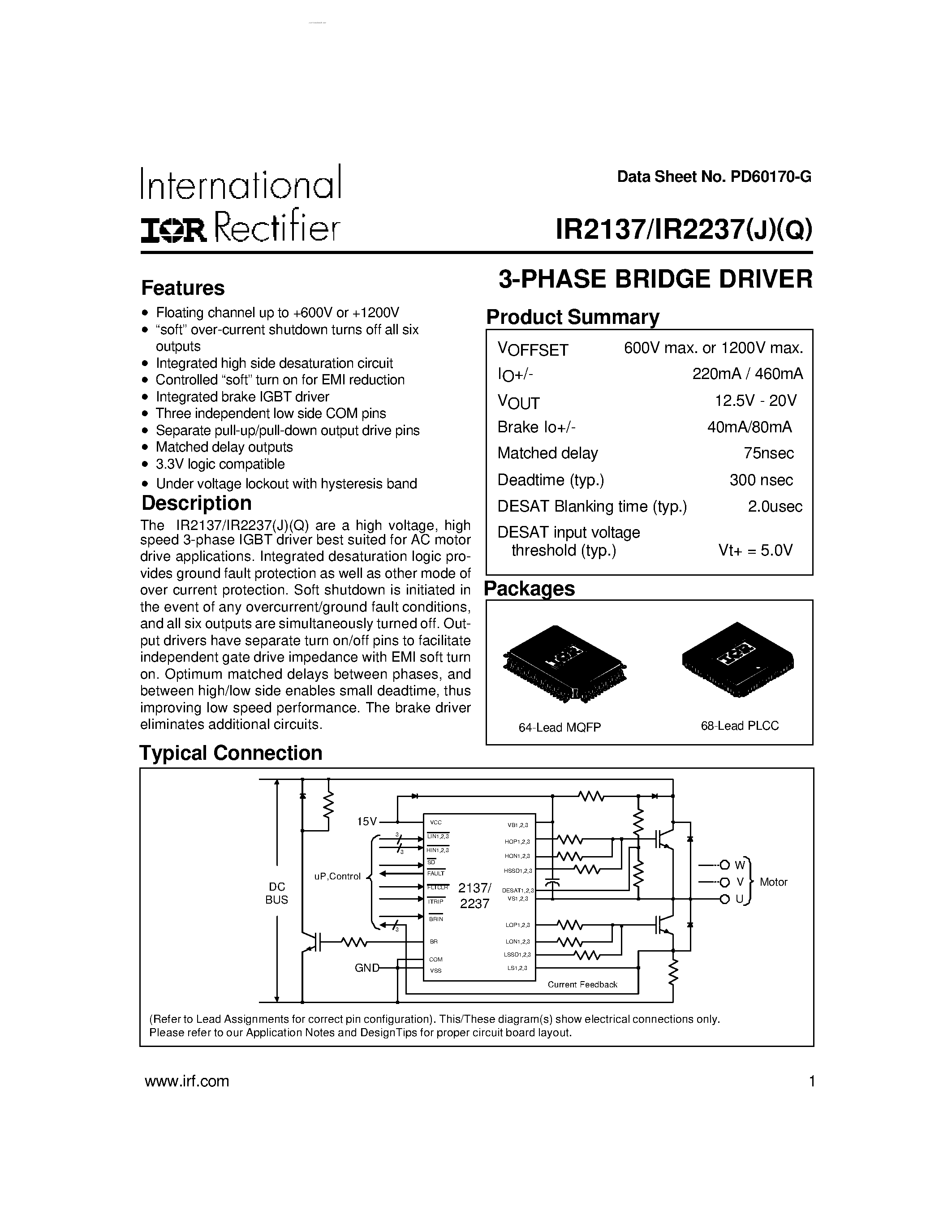 Datasheet IR2137 - (IR2137 / IR2237) 3-PHASE BRIDGE DRIVER page 1