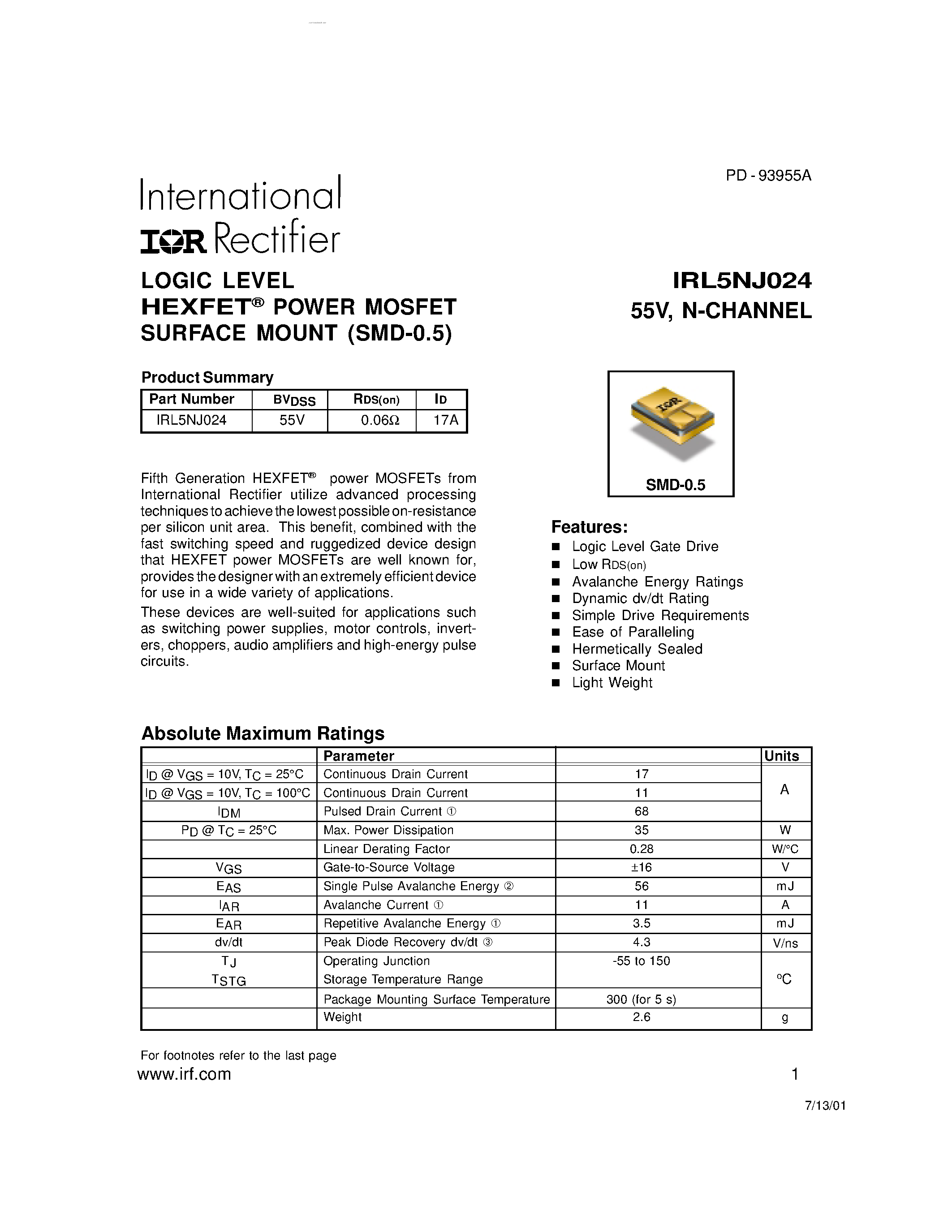Datasheet IRL5NJ024 - LOGIC LEVEL HEXFET POWER MOSFET SURFACE MOUNT page 1