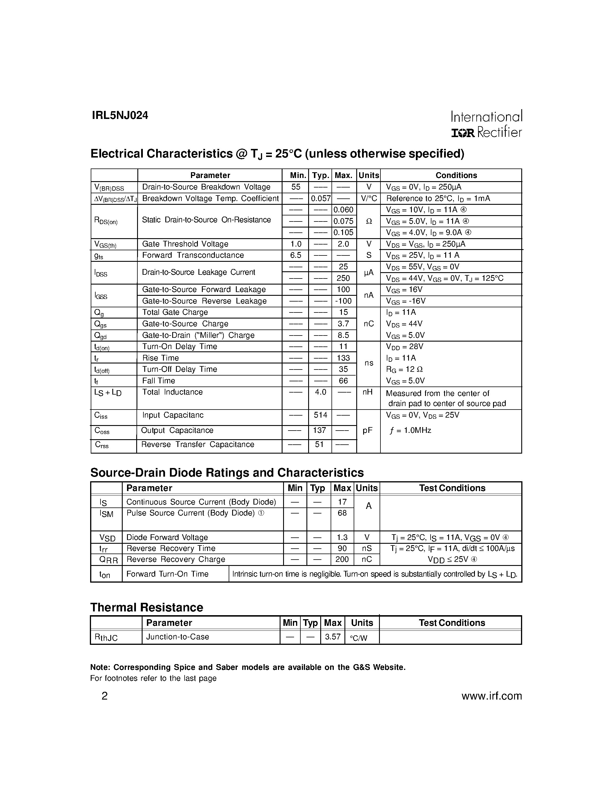 Datasheet IRL5NJ024 - LOGIC LEVEL HEXFET POWER MOSFET SURFACE MOUNT page 2