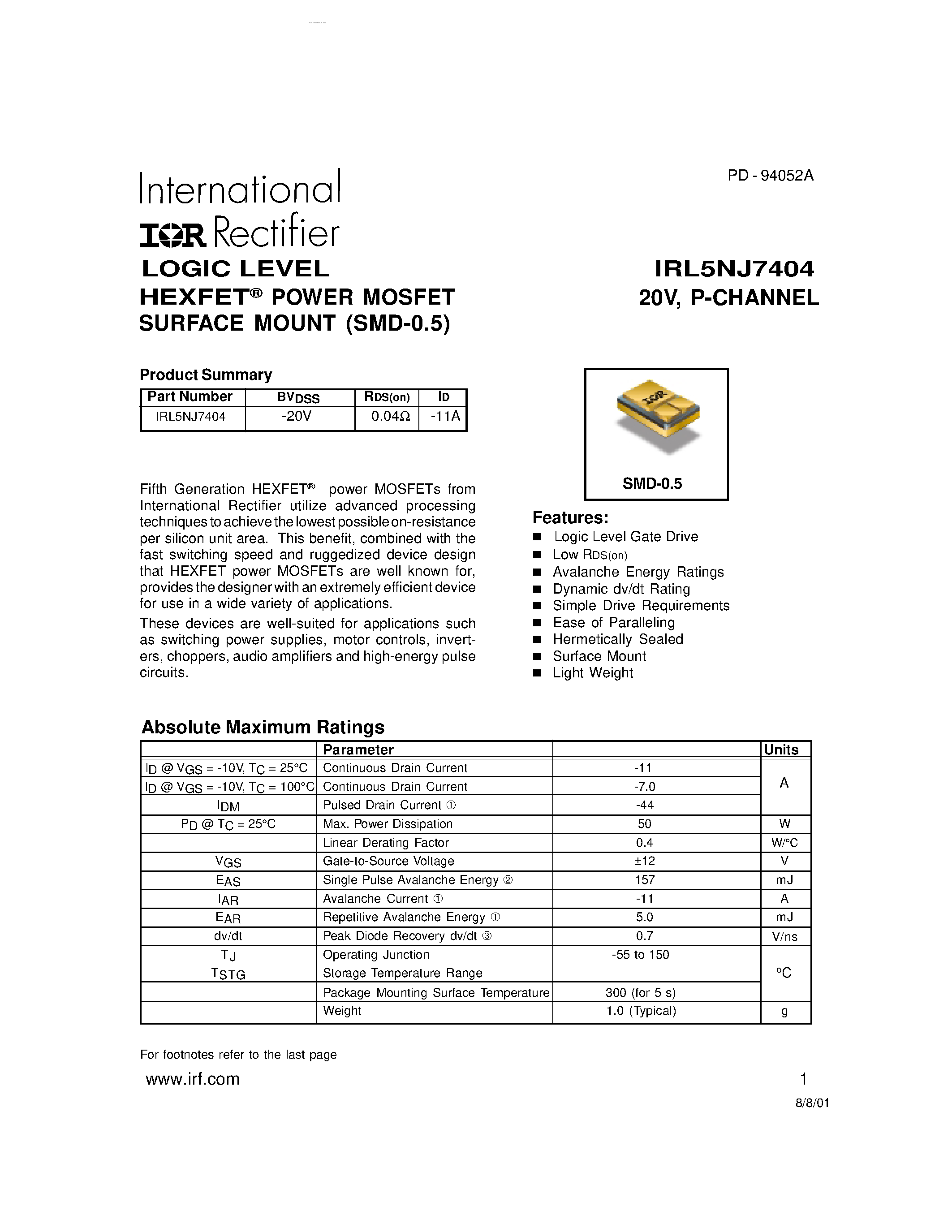 Datasheet IRL5NJ7404 page 1 Datasheet IRL5NJ7404 - HEXFET POWER MOSFET SURFACE MOUNT page 1