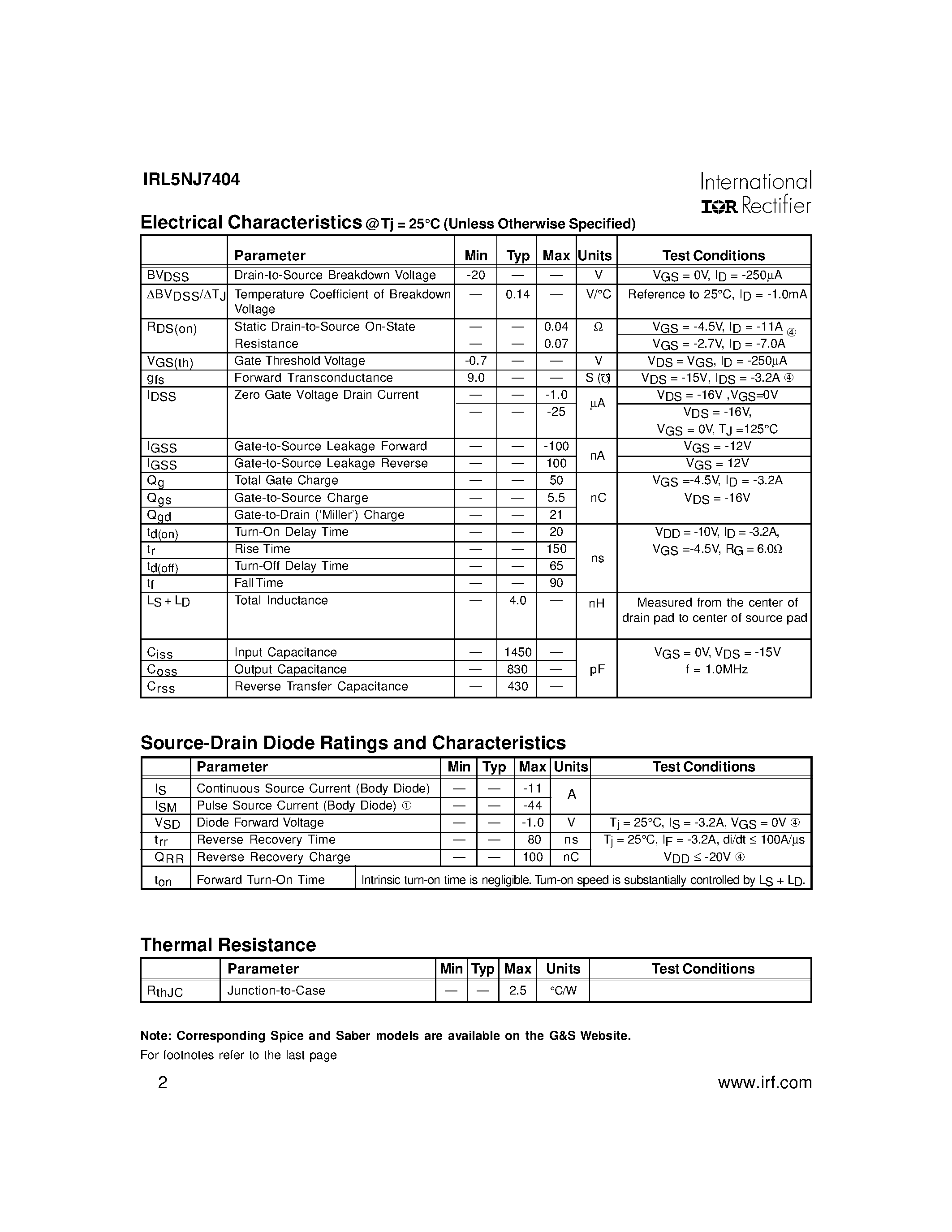 Datasheet IRL5NJ7404 page 2 Datasheet IRL5NJ7404 - HEXFET POWER MOSFET SURFACE MOUNT page 2
