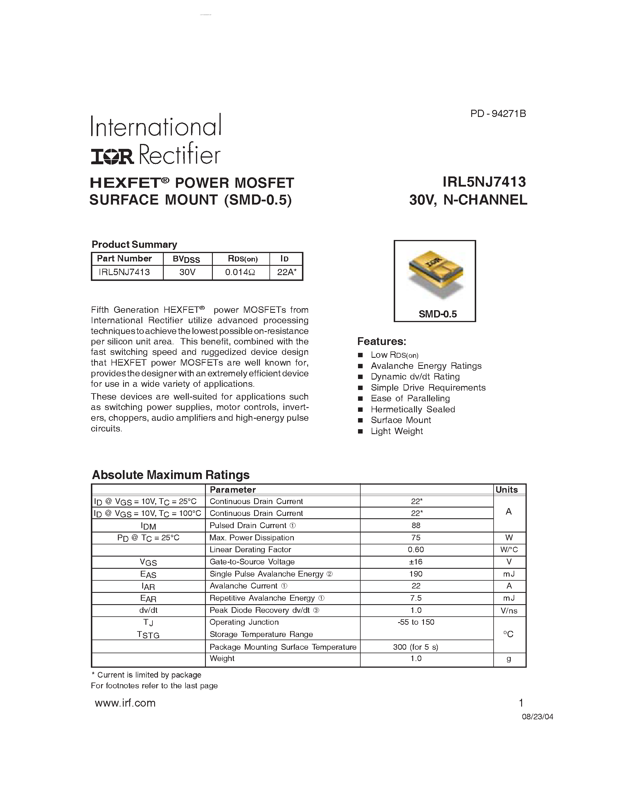 Datasheet IRL5NJ7413 - HEXFET POWER MOSFET SURFACE MOUNT page 1