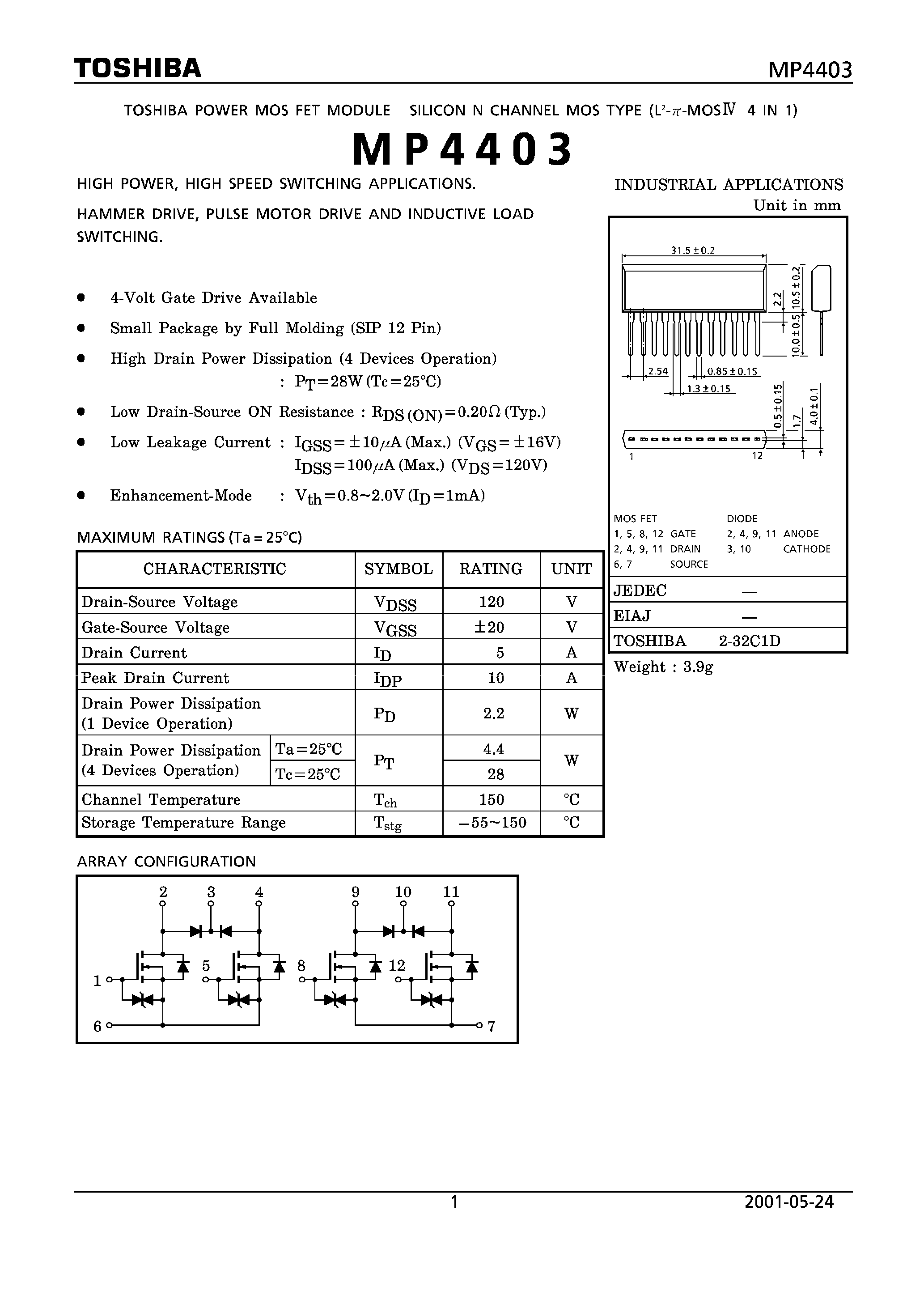 Datasheet MP4403 - TOSHIBA POWER MOS FET MODULE SILICON N CHANNEL MOS TYPE page 1