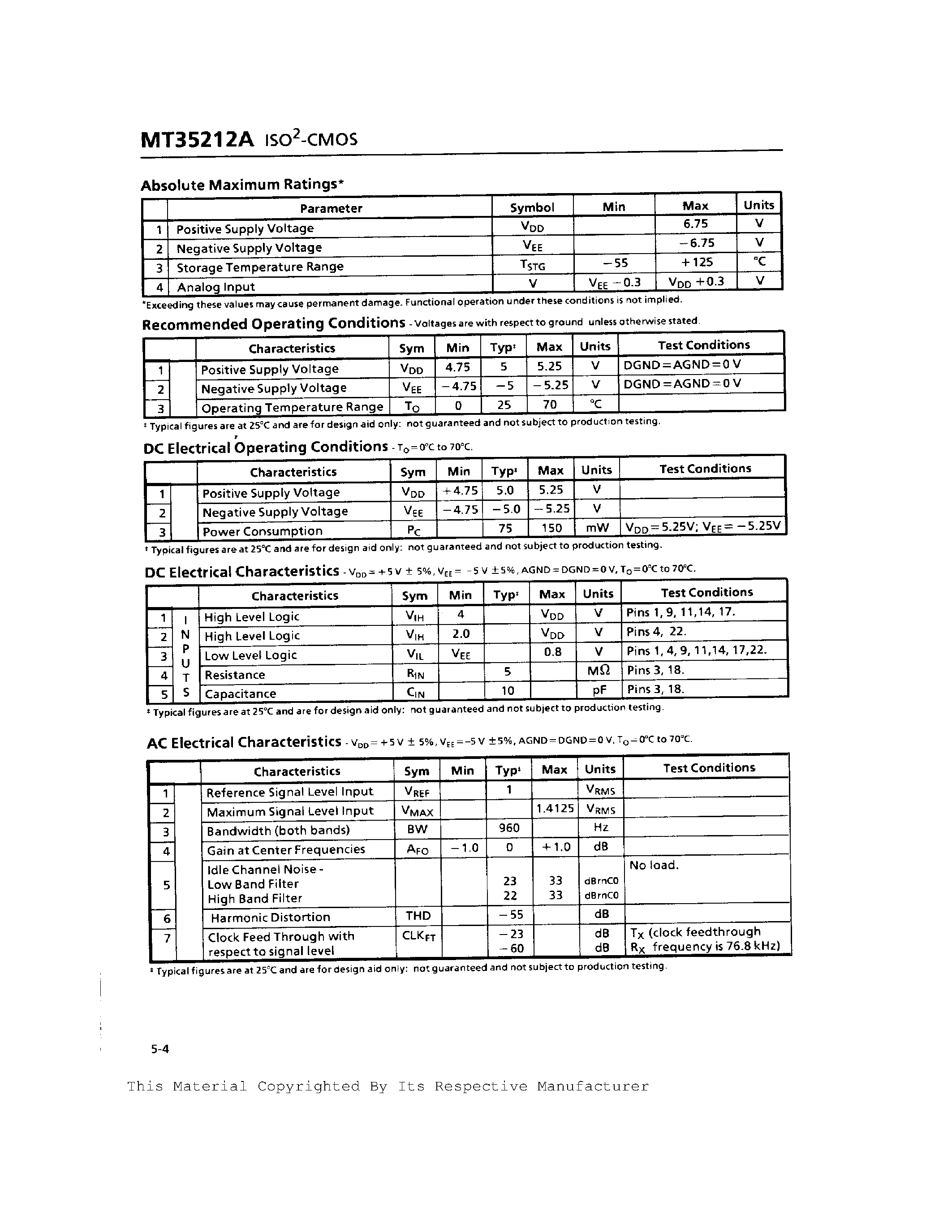 Даташит на микросхему MT35212A страница 2 Даташит MT35212A - BELL 212A/CCITT V.22 Modem Filter страница 2