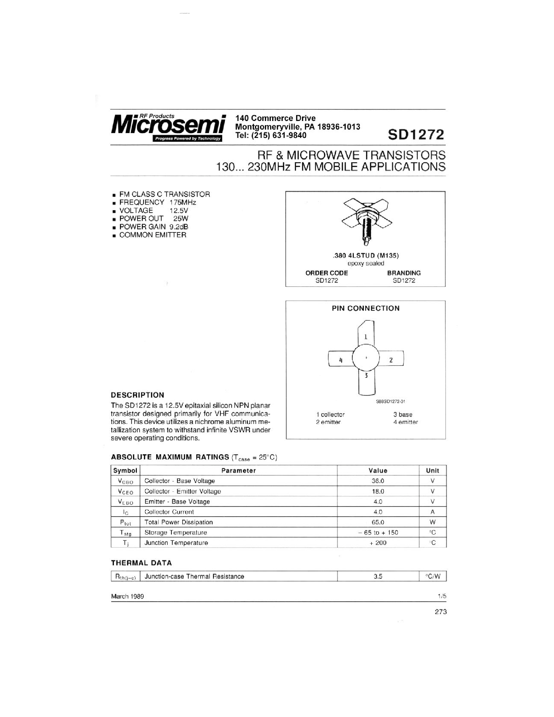 Datasheet SD1272 page 1 Datasheet SD1272 - RF & MICROWAVE TRANSISTORS page 1