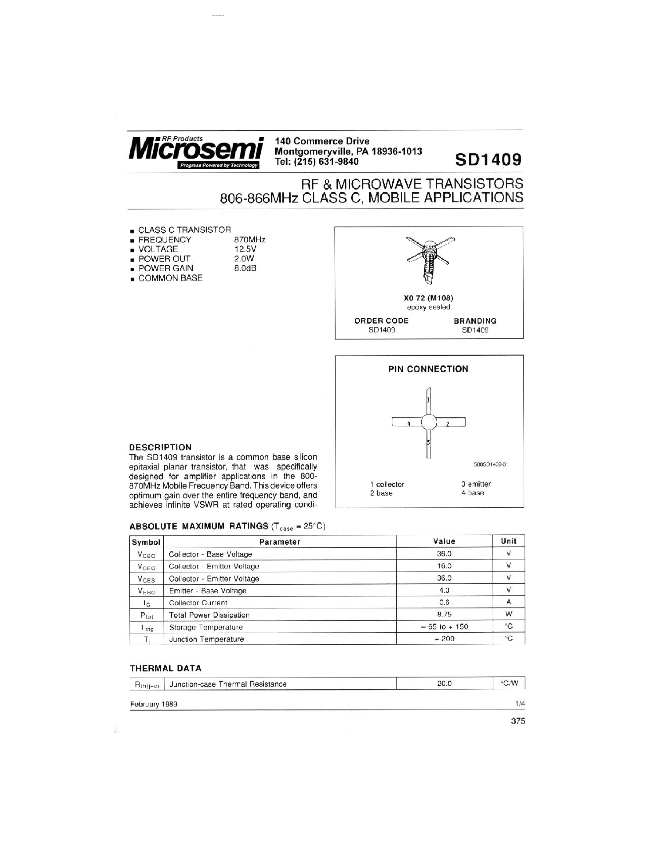 Datasheet SD1409 page 1 Datasheet SD1409 - RF & MICROWAVE TRANSISTORS page 1