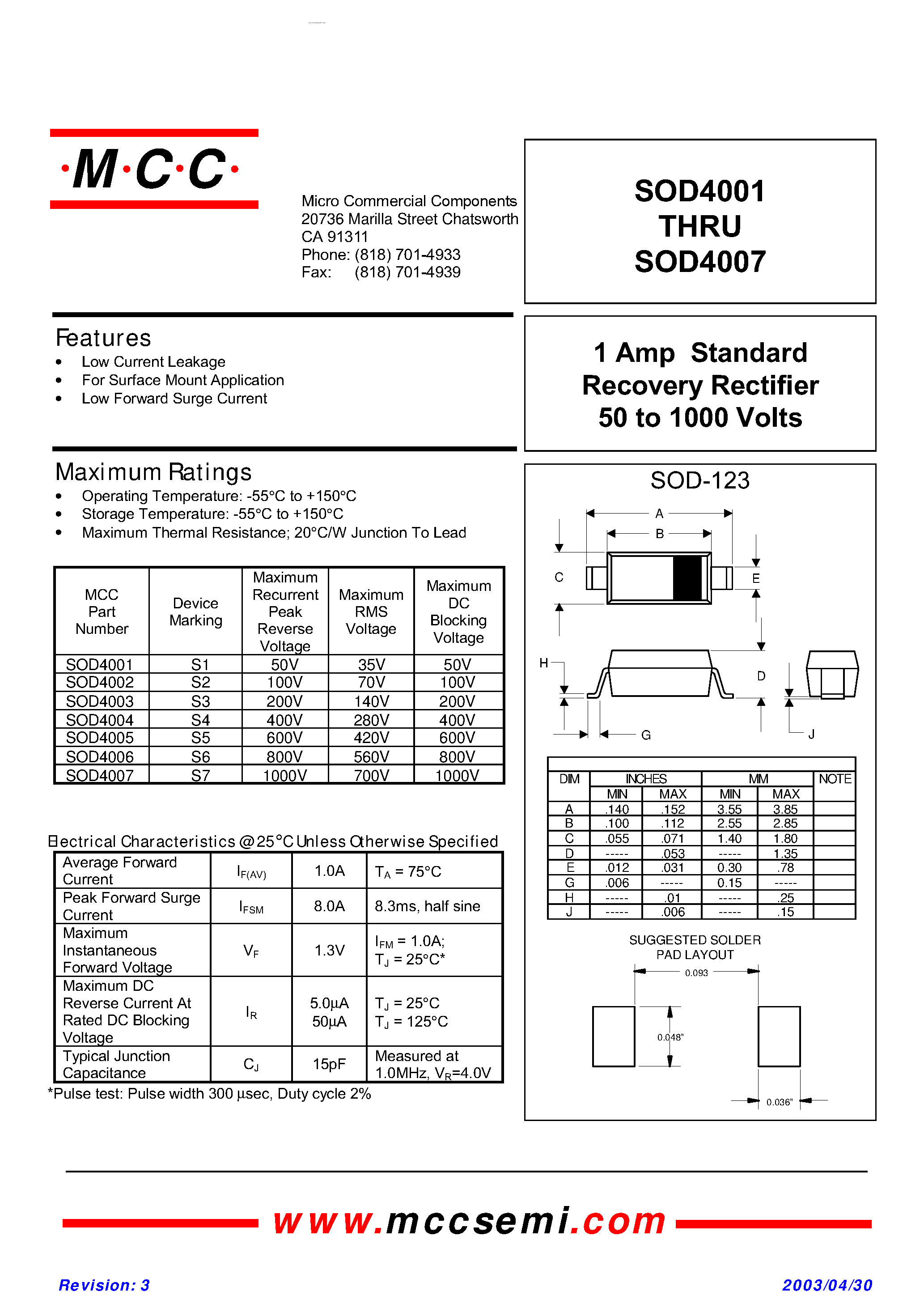 Даташит на микросхему SOD4001 страница 1 Даташит SOD4001 - (SOD4001 - SOD4007) Standard Recovery Rectifier страница 1