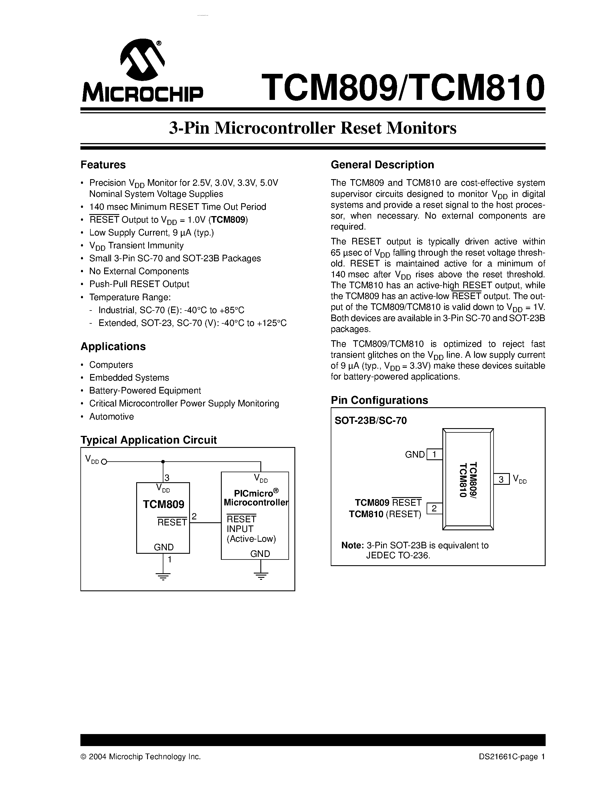 Даташит TCM809 - (TCM809 / TCM810) 3-Pin Microcontroller Reset Monitors страница 1