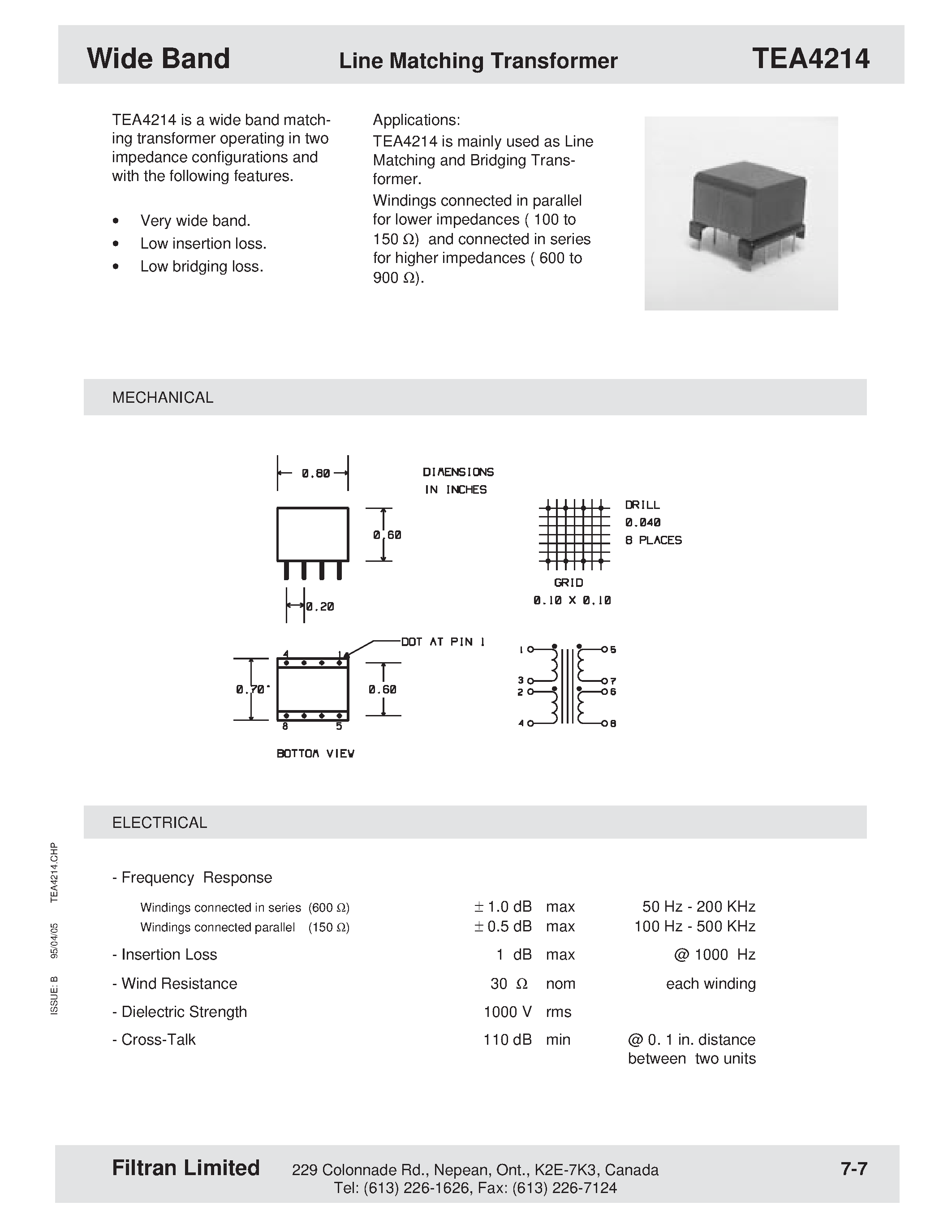 Datasheet TEA4214 - Wide Band Line Matching Transformer page 1