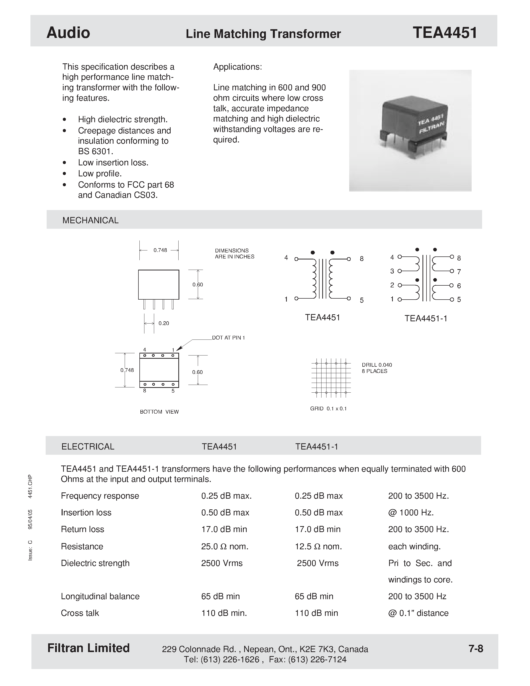 Даташит TEA4451 - Audio Line Matching Transformer страница 1