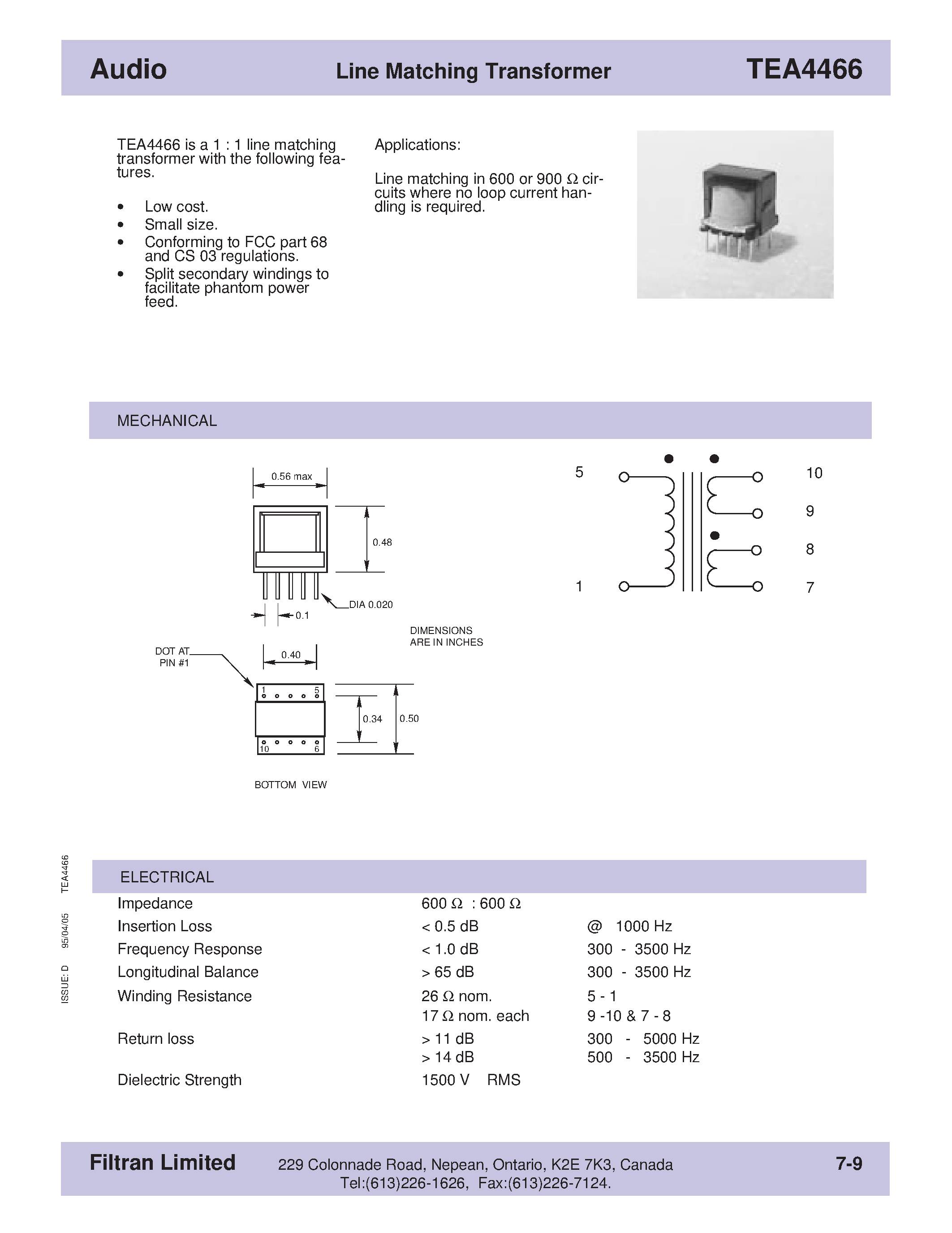 Даташит на микросхему TEA4466 страница 1 Даташит TEA4466 - Audio Line Matching Transformer страница 1