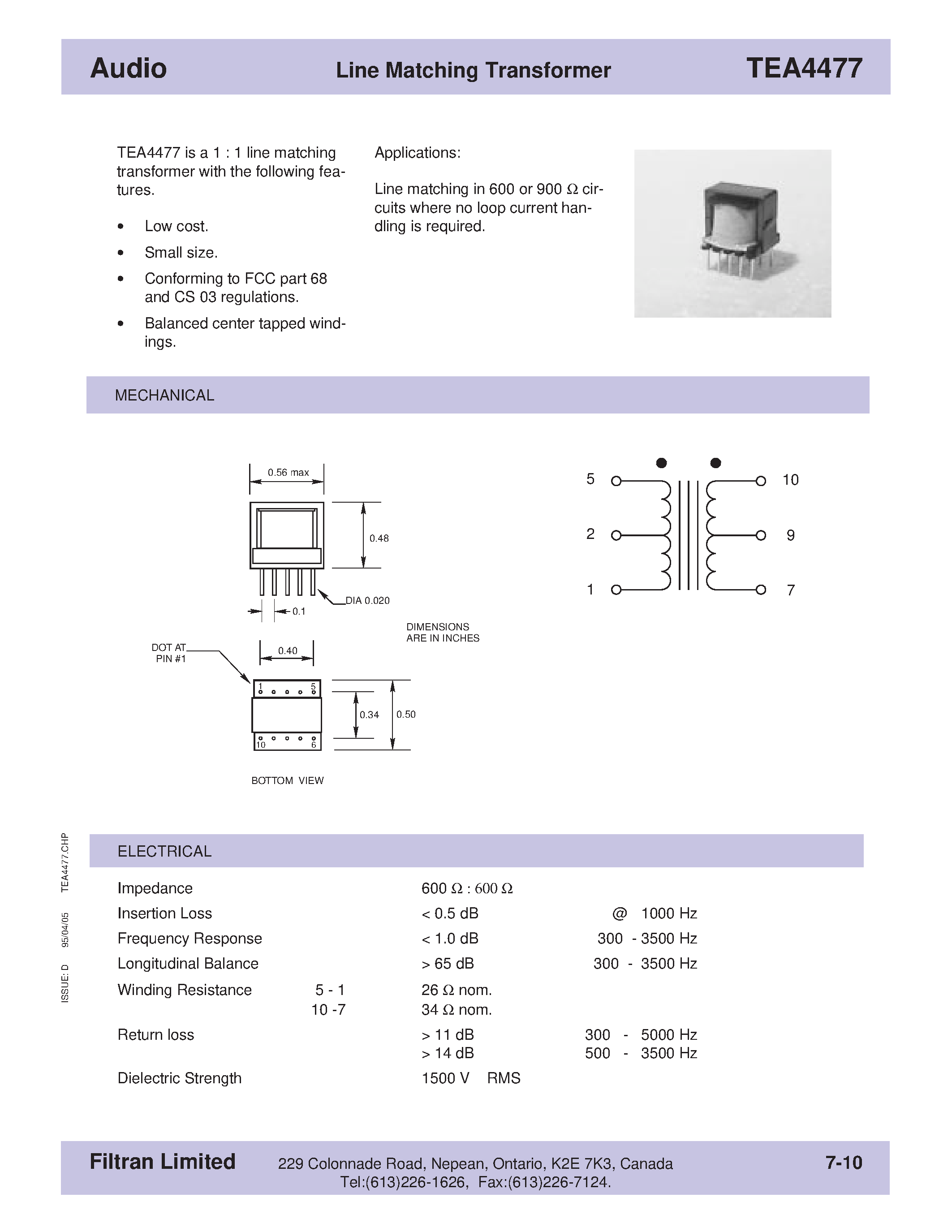 Даташит TEA4477 - Audio Line Matching Transformer страница 1