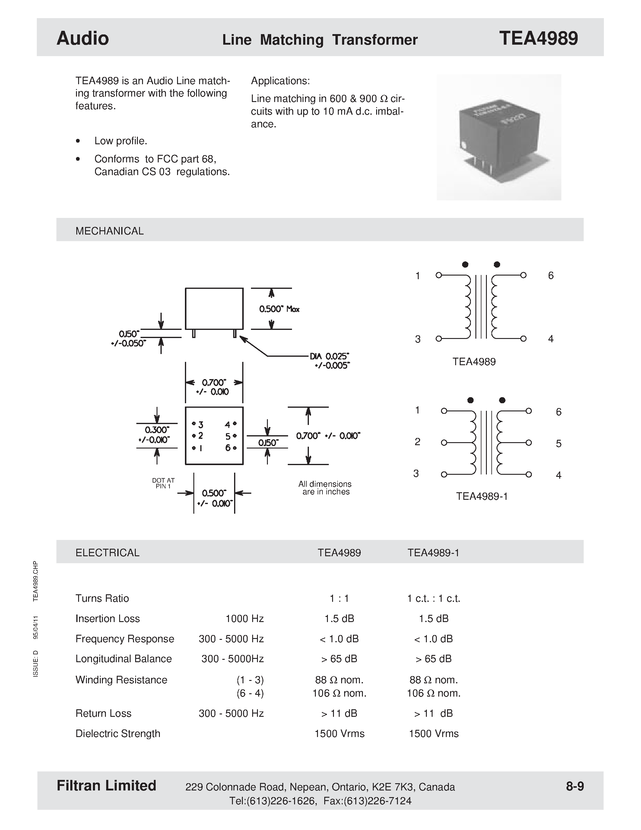 Даташит TEA4989 - Audio Line Matching Transformer страница 1