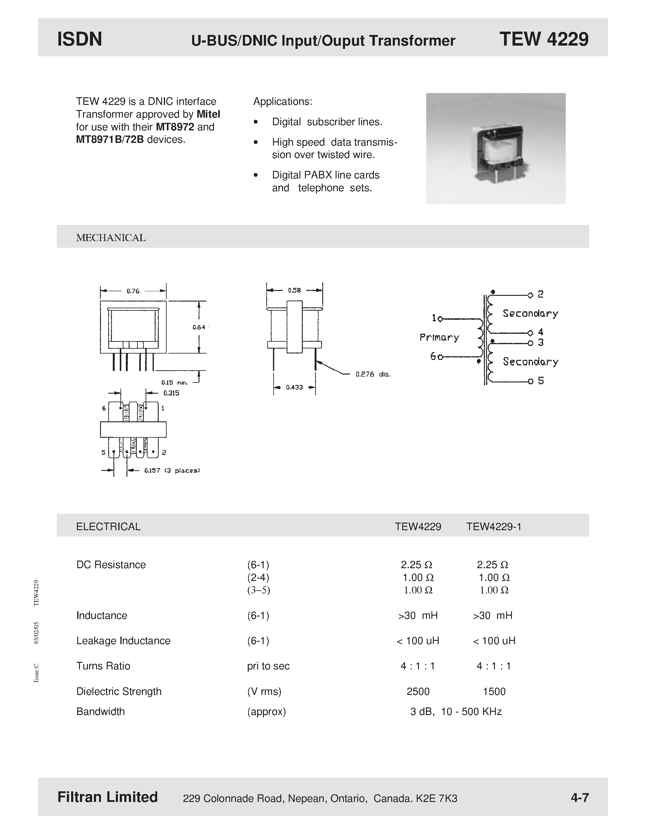 Даташит на микросхему TEW4229 страница 1 Даташит TEW4229 - U-BUS/DNIC Input/Ouput Transformer страница 1