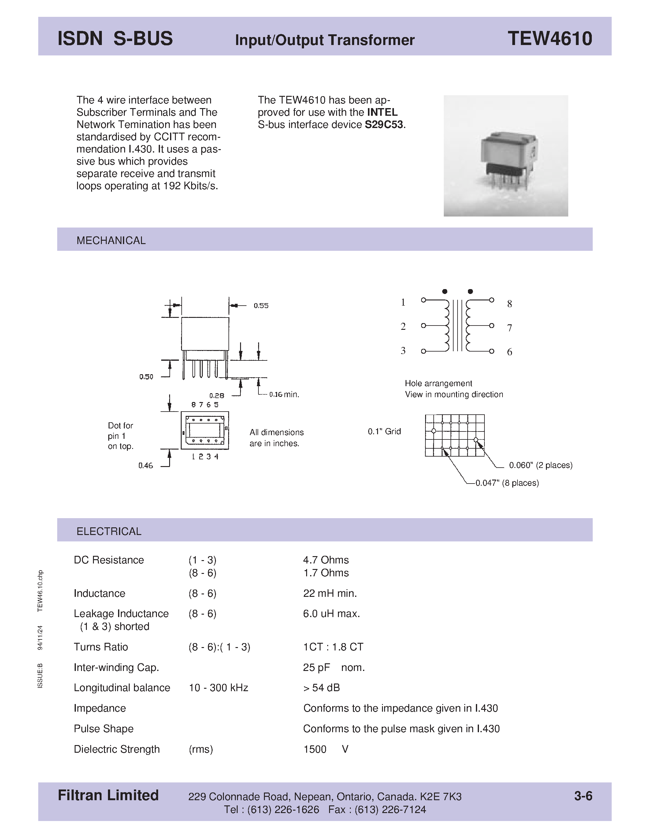 Datasheet TEW4610 page 1 Datasheet TEW4610 - ISDN S-BUS Input/Output Transformer page 1