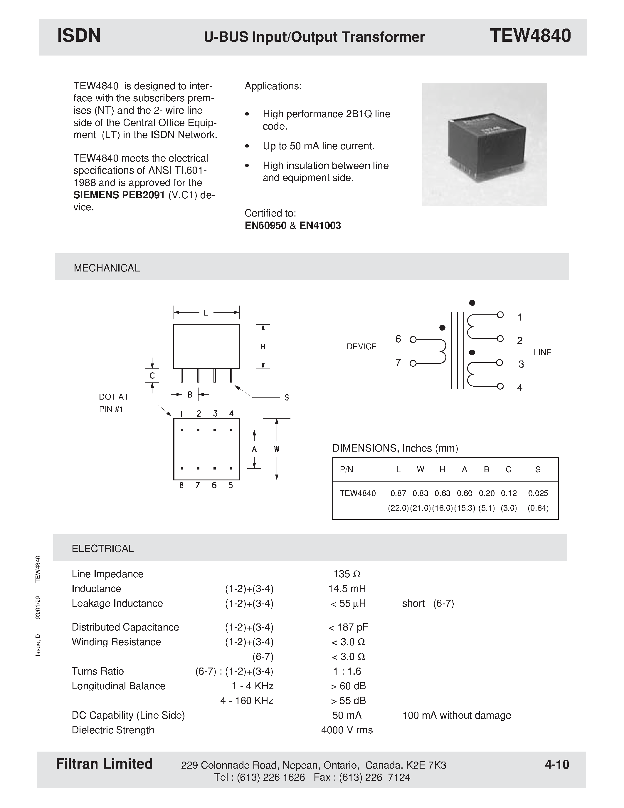 Даташит на микросхему TEW4840 страница 1 Даташит TEW4840 - ISDN U-BUS Input/Output Transformer страница 1