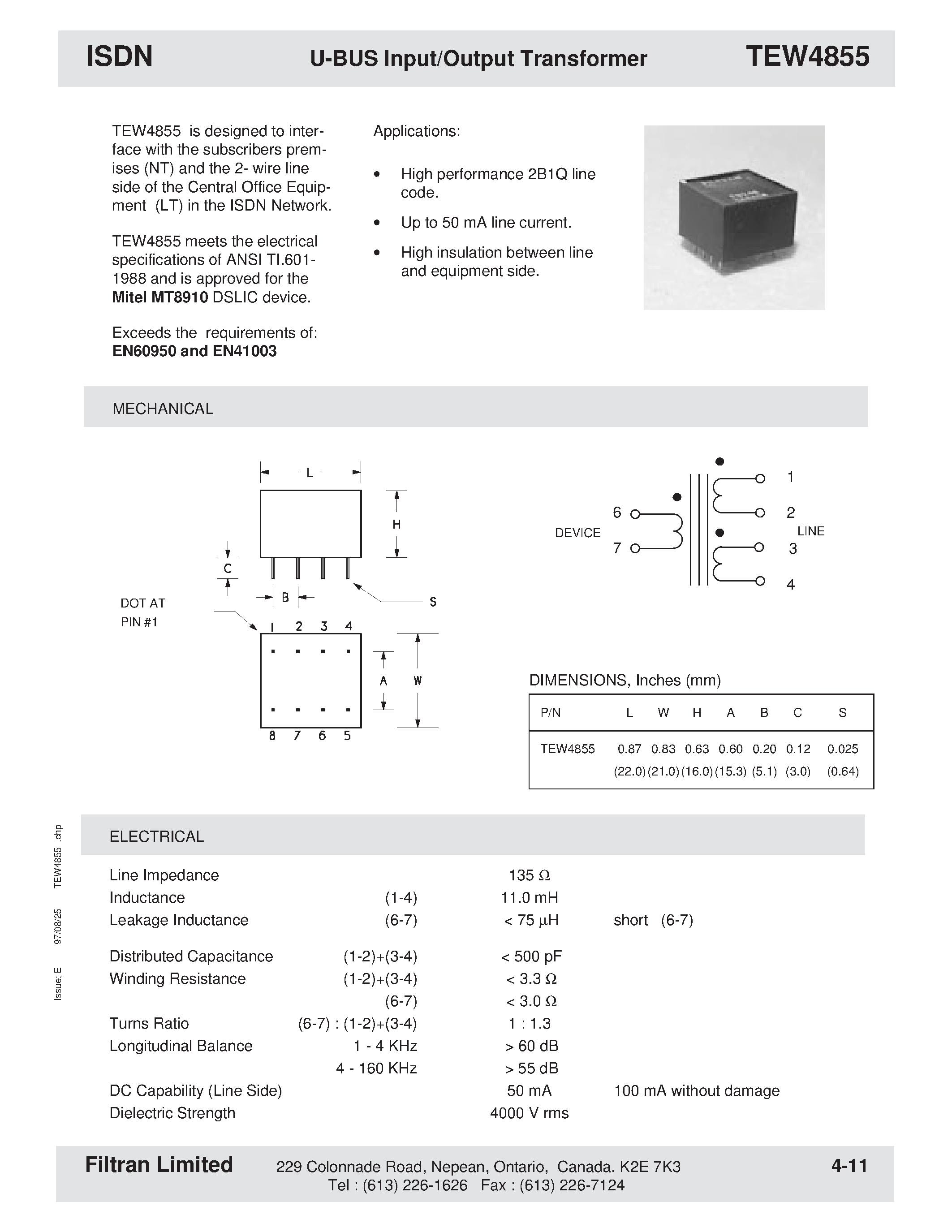 Даташит на микросхему TEW4855 страница 1 Даташит TEW4855 - ISDN U-BUS Input/Output Transformer страница 1