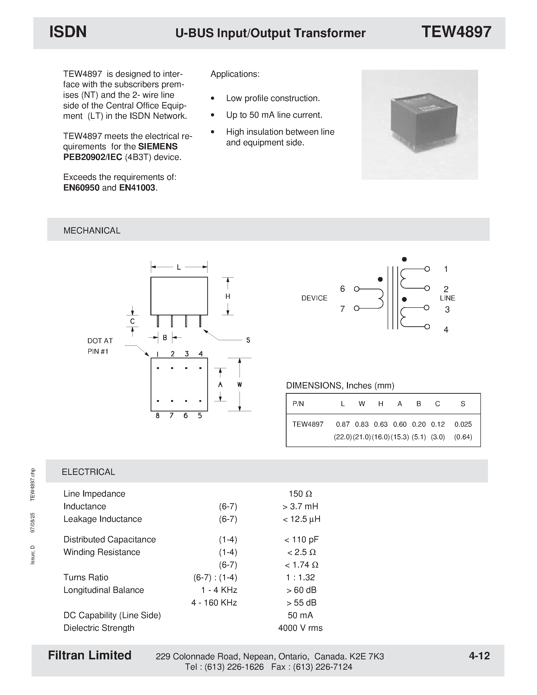 Даташит на микросхему TEW4897 страница 1 Даташит TEW4897 - ISDN U-BUS Input/Output Transformer страница 1