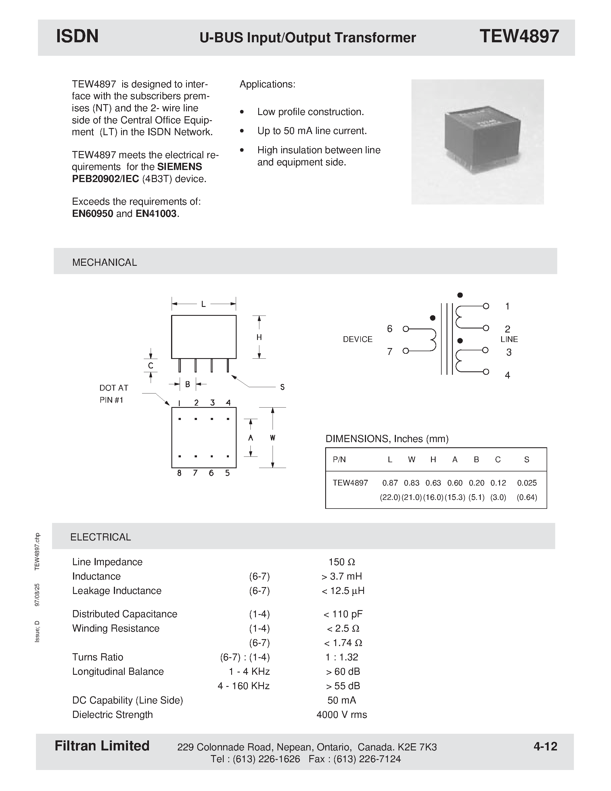 Datasheet TEW4897 - ISDN U-BUS Input/Output Transformer page 1