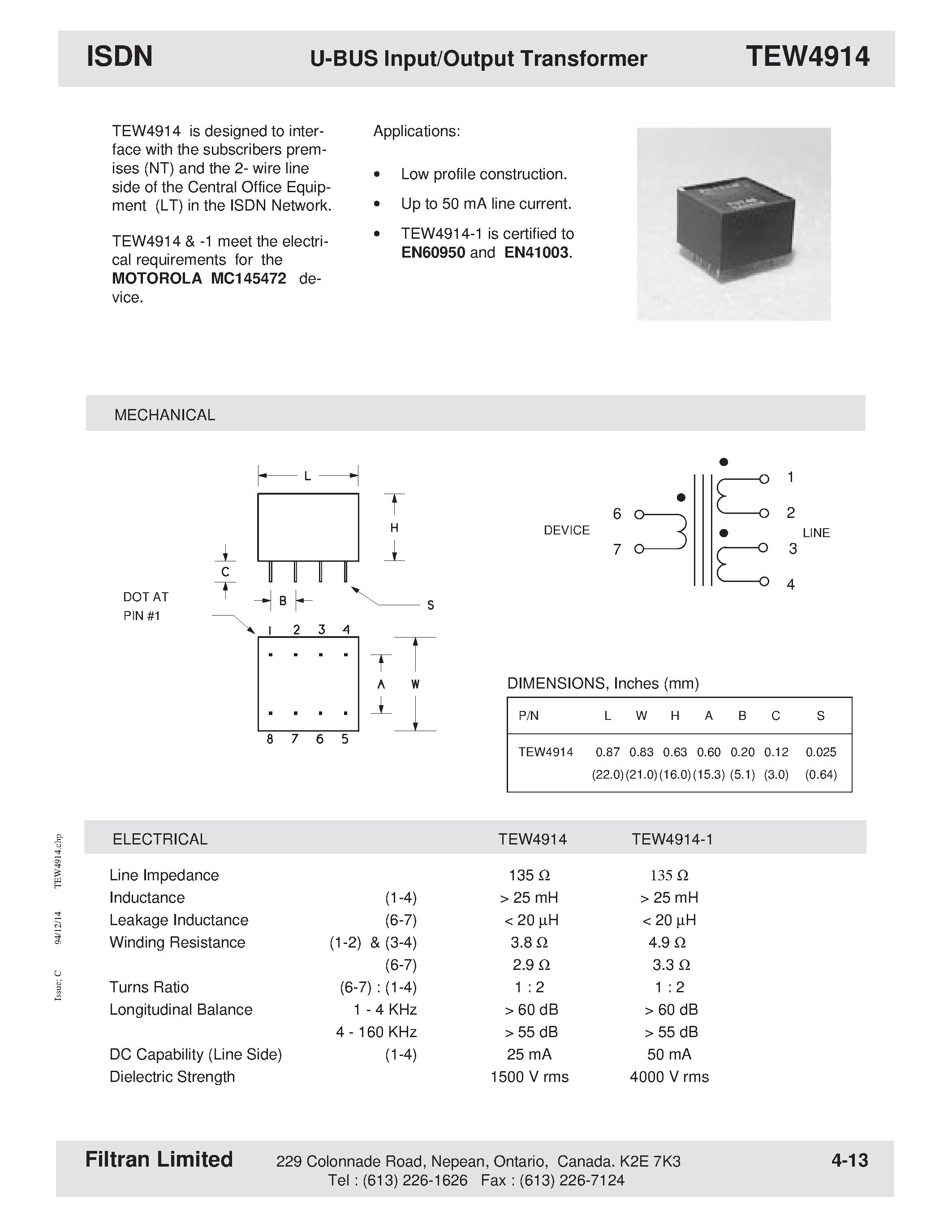 Даташит на микросхему TEW4914 страница 1 Даташит TEW4914 - ISDN U-BUS Input/Output Transformer страница 1
