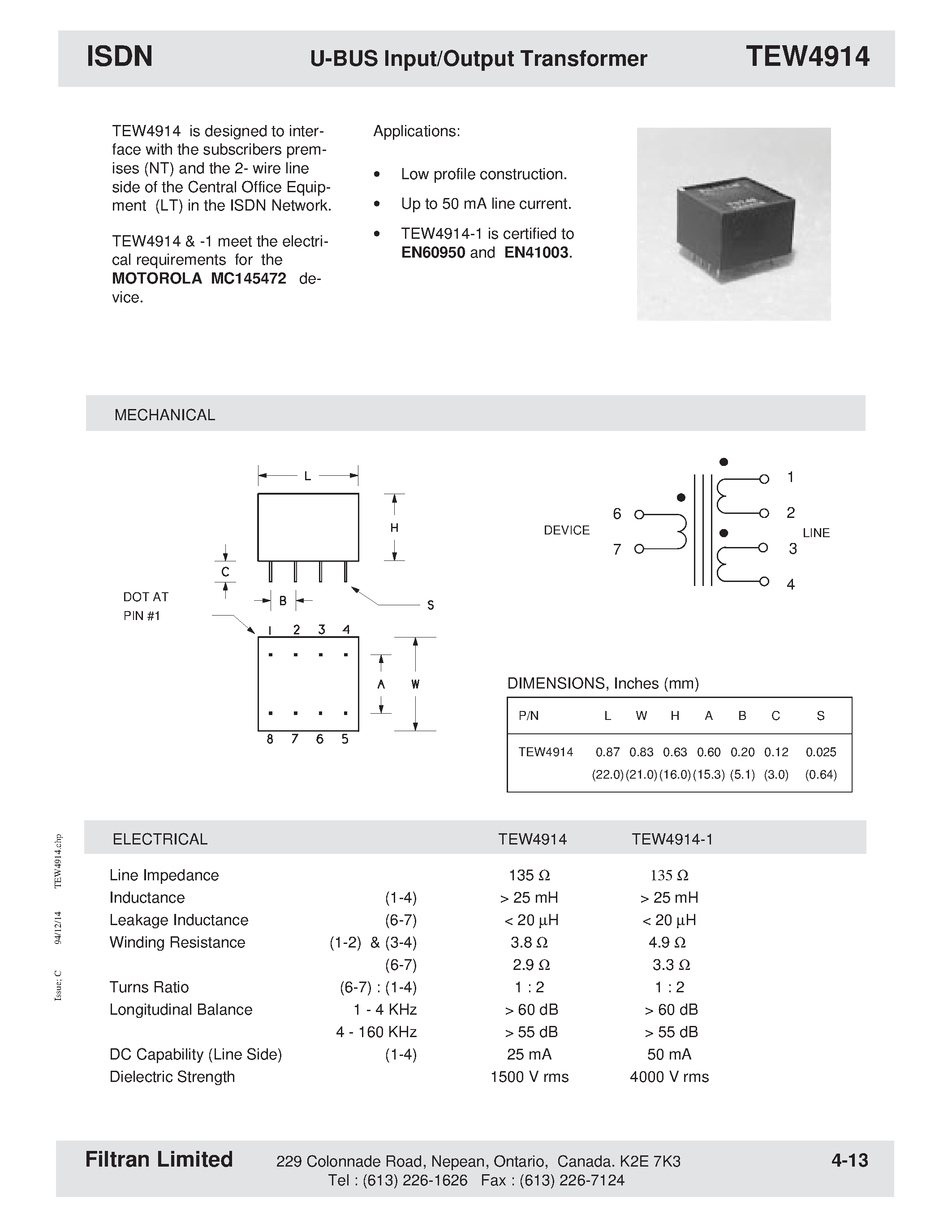 Datasheet TEW4914 - ISDN U-BUS Input/Output Transformer page 1