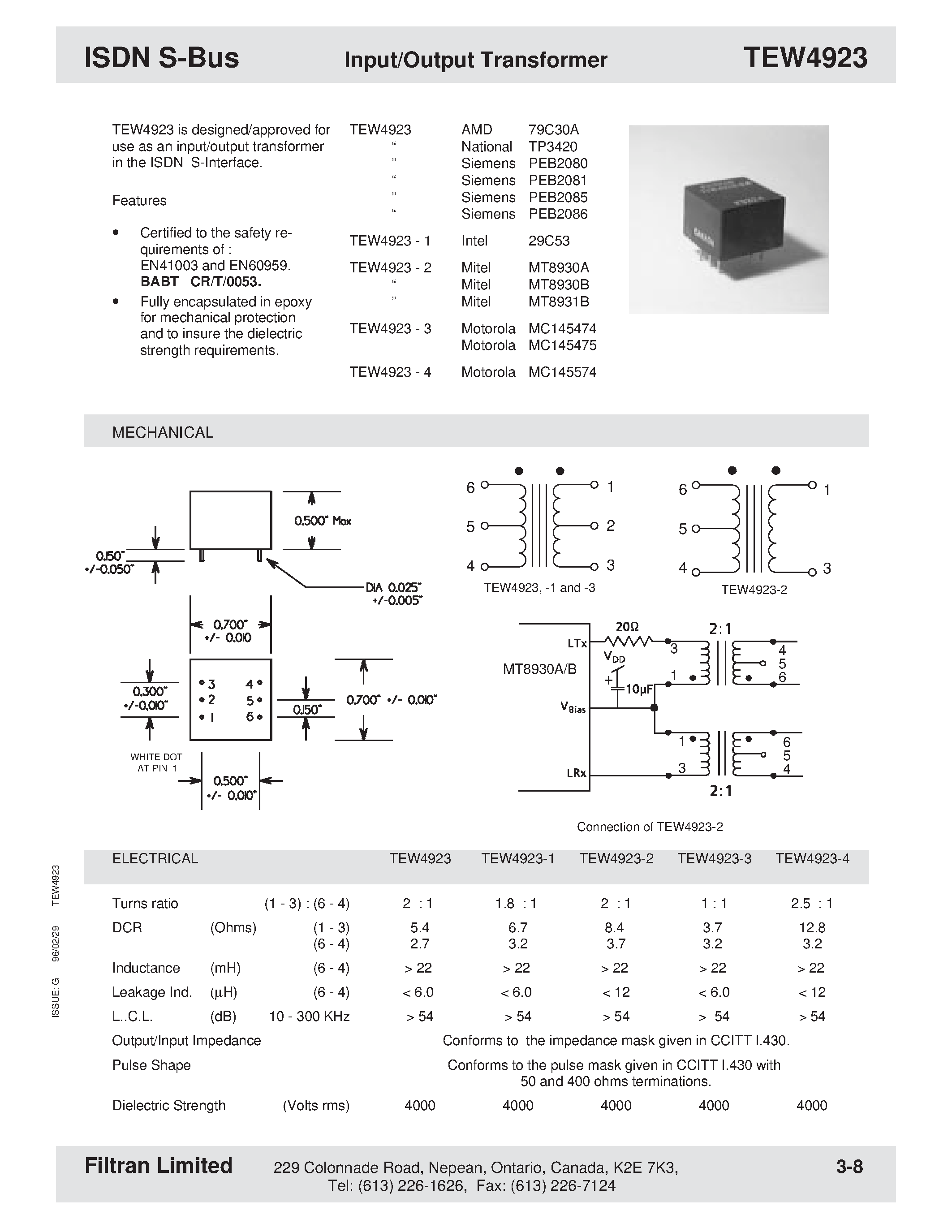 Datasheet TEW4923 page 1 Datasheet TEW4923 - ISDN S-Bus Input/Output Transformer page 1