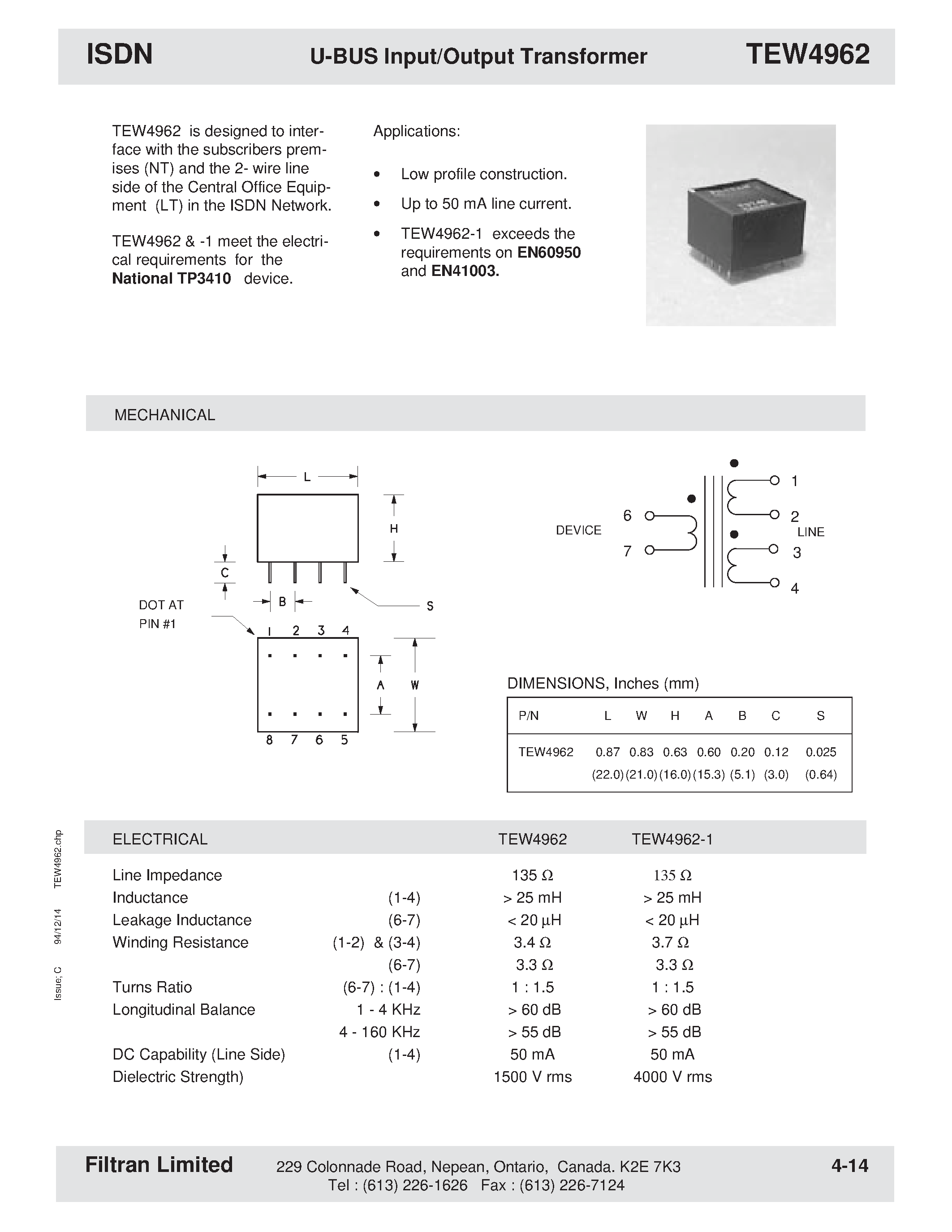 Даташит на микросхему TEW4962 страница 1 Даташит TEW4962 - ISDN U-BUS Input/Output Transformer страница 1