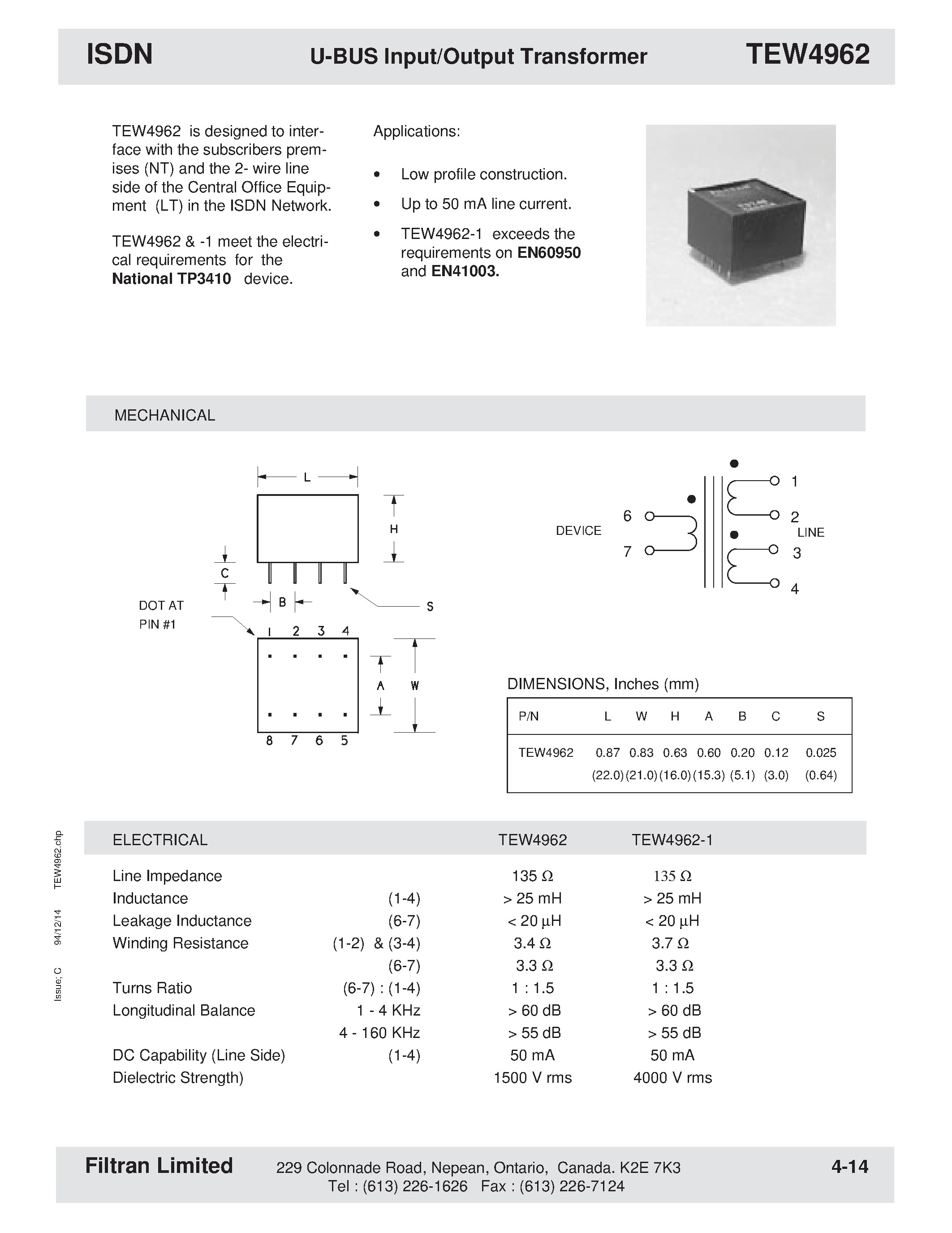 Datasheet TEW4962 - ISDN U-BUS Input/Output Transformer page 1