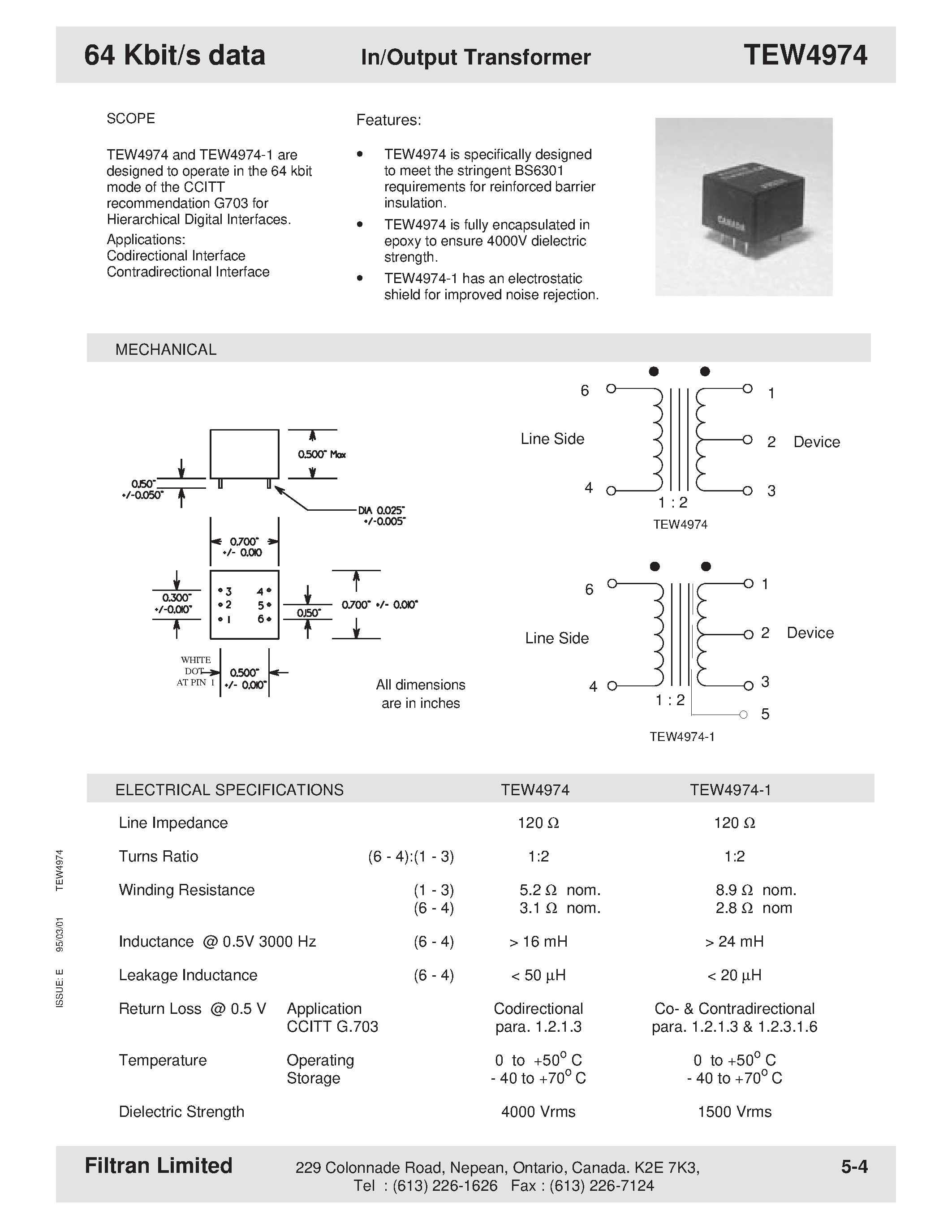 Datasheet TEW4974 page 1 Datasheet TEW4974 - 64 Kbit/s data In/Output Transformer page 1
