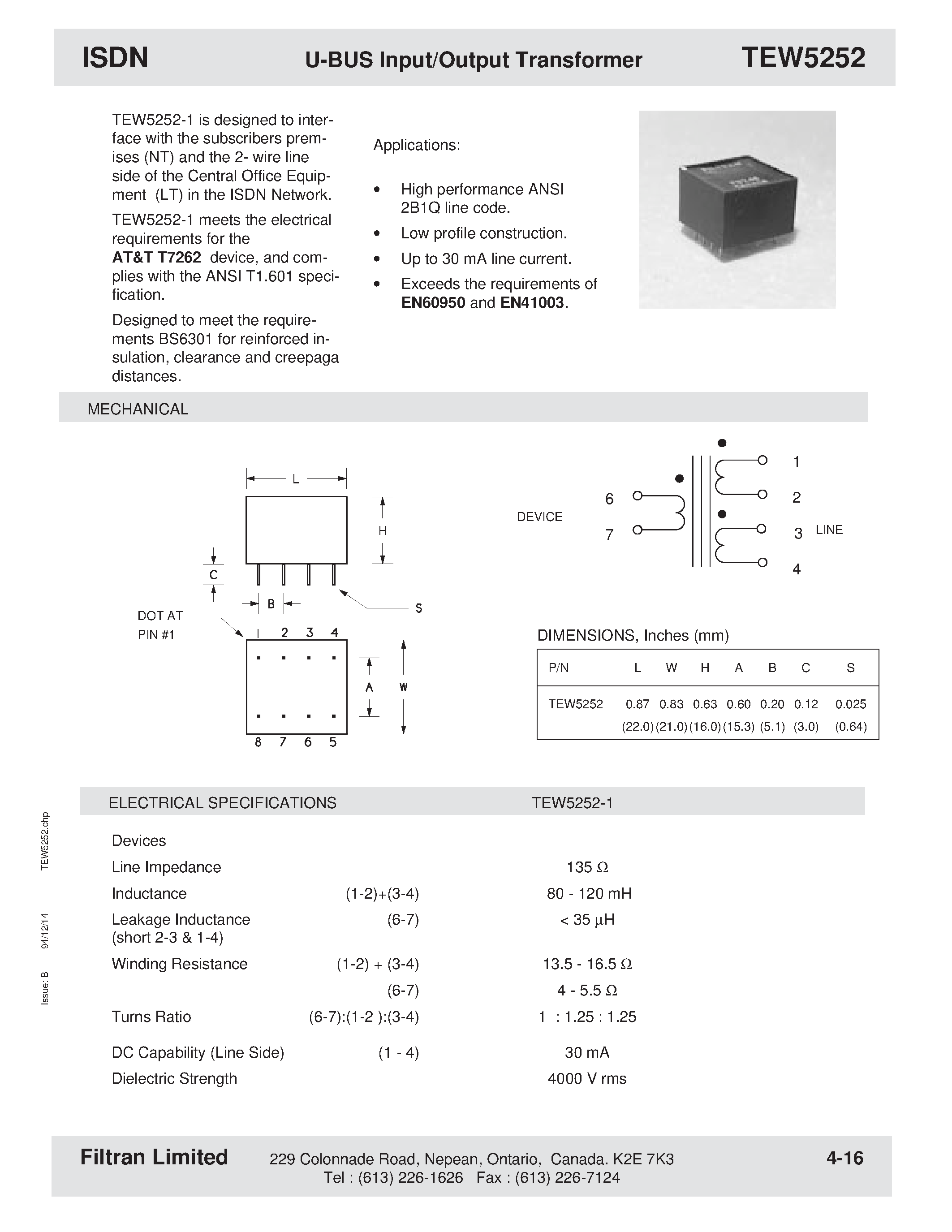 Даташит на микросхему TEW5252 страница 1 Даташит TEW5252 - ISDN U-BUS Input/Output Transformer страница 1