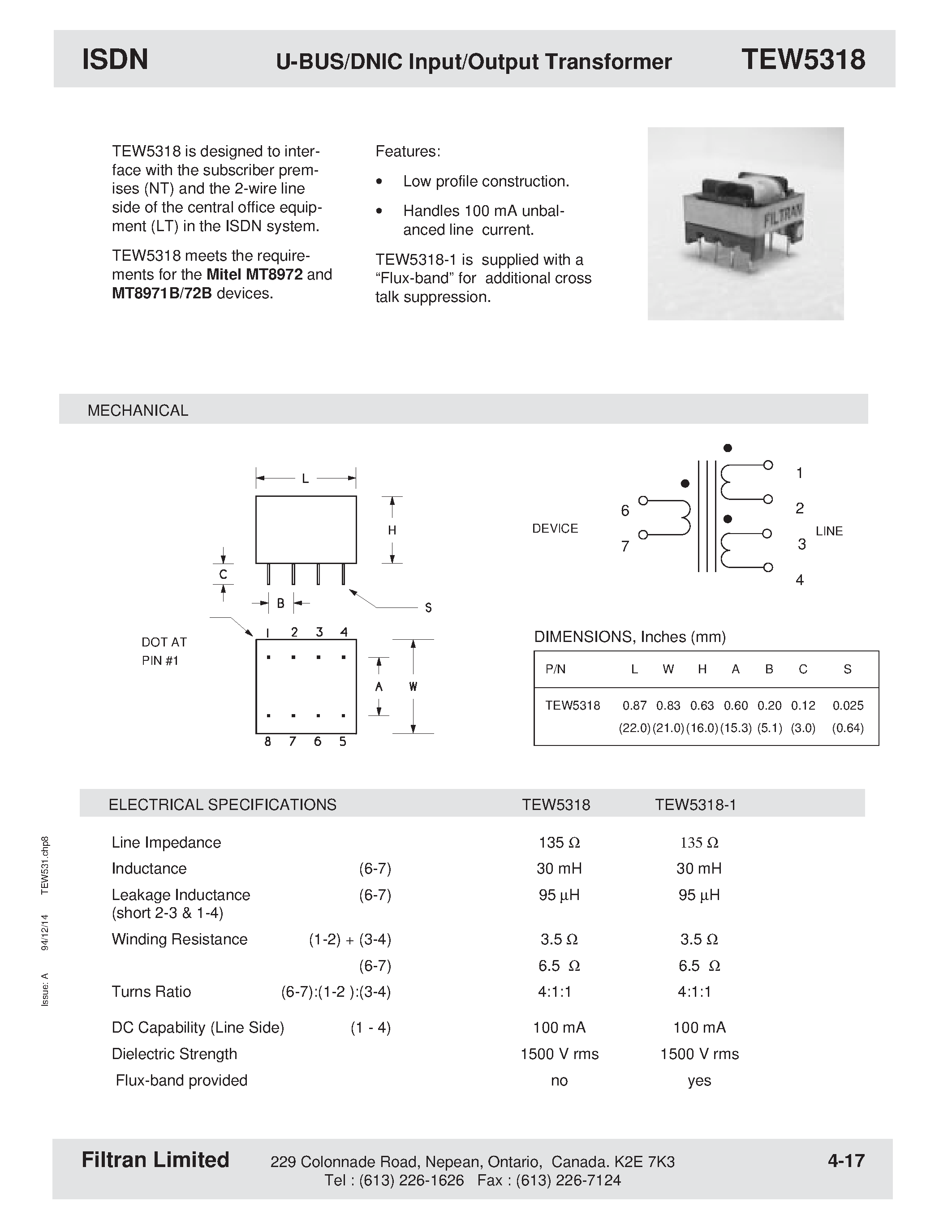 Даташит на микросхему TEW5318 страница 1 Даташит TEW5318 - ISDN U-BUS/DNIC Input/Output Transformer страница 1