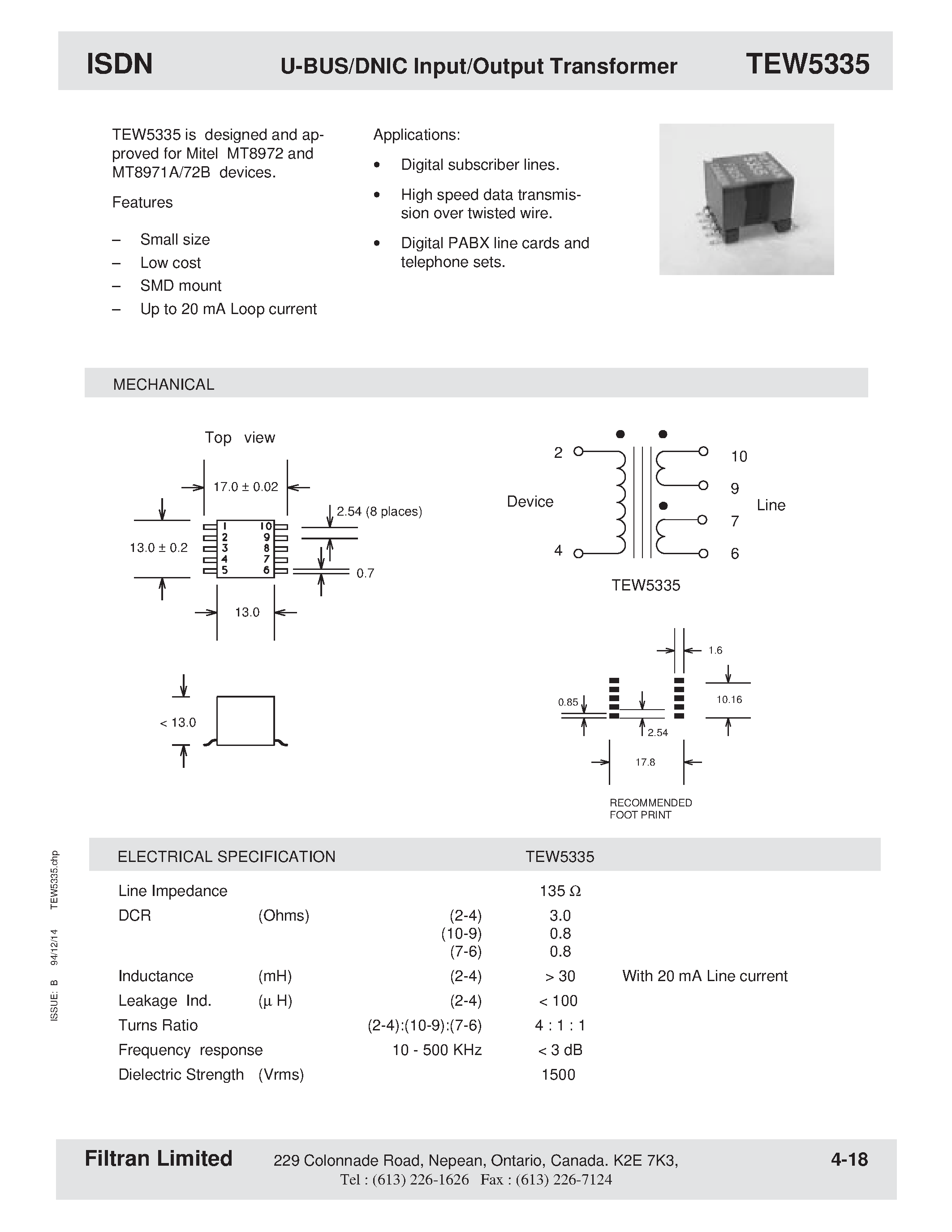 Даташит на микросхему TEW5335 страница 1 Даташит TEW5335 - ISDN U-BUS/DNIC Input/Output Transformer страница 1