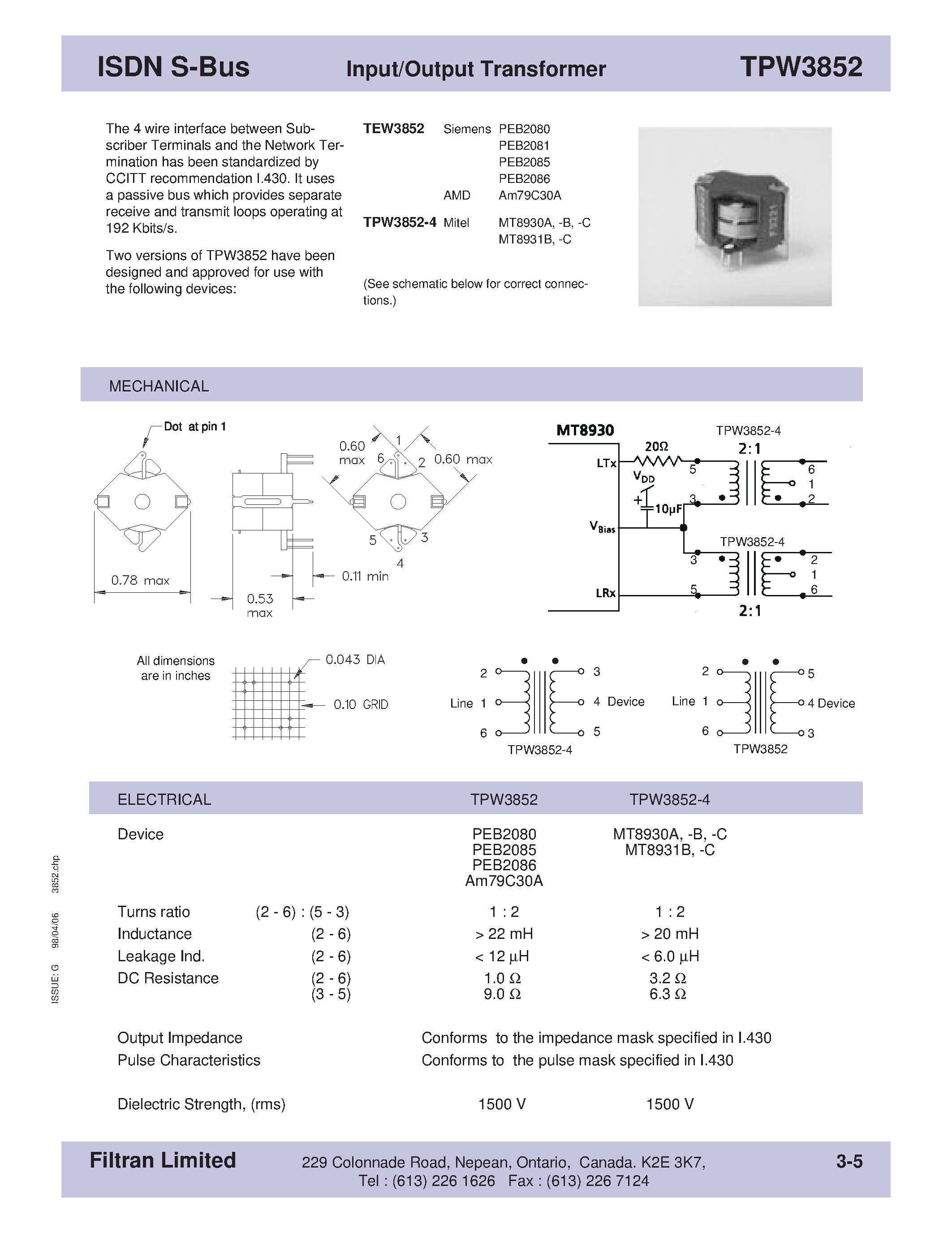 Datasheet TPW3852 - ISDN S-Bus Input/Output Transformer page 1