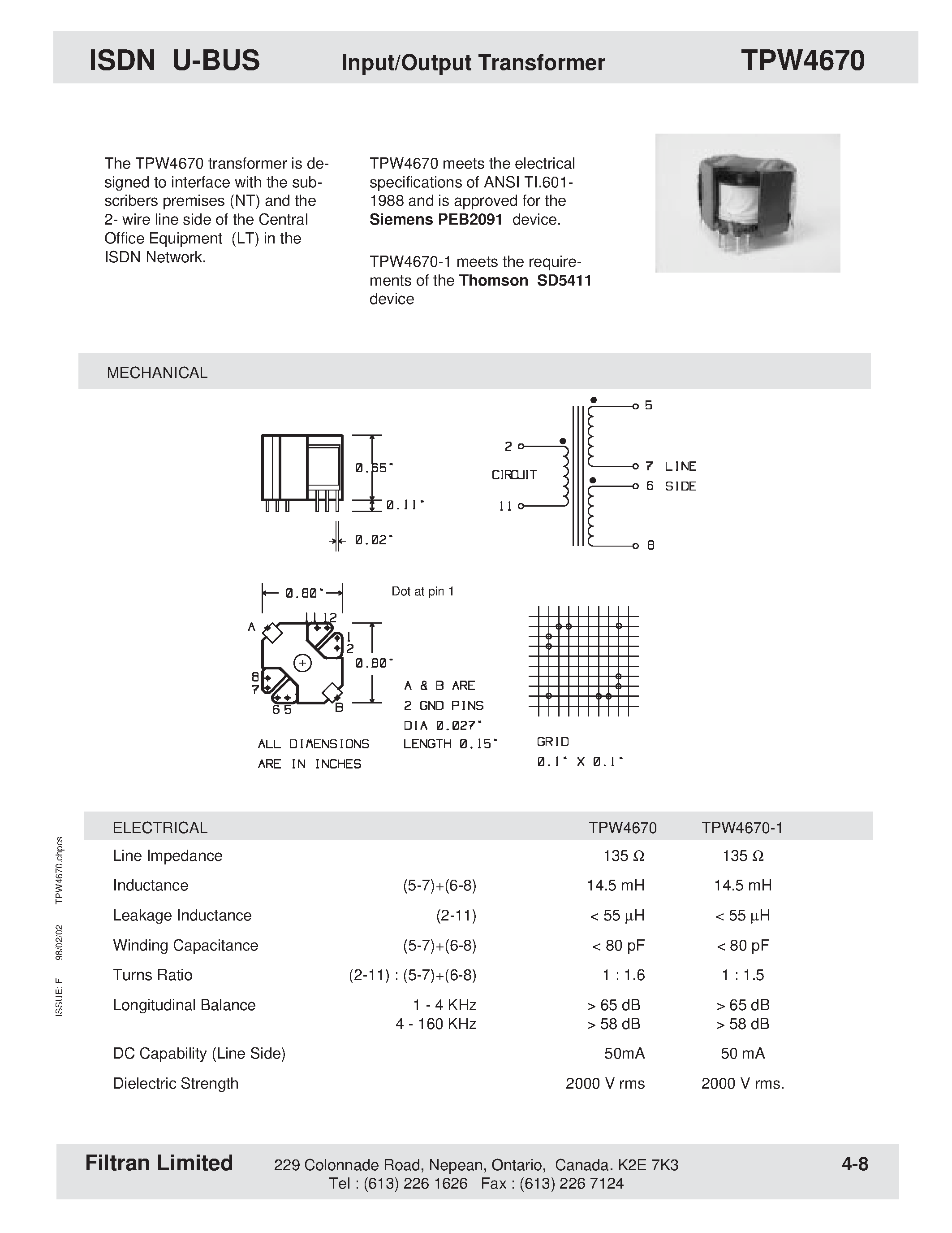 Datasheet TPW4670 - ISDN S-Bus Input/Output Transformer page 1