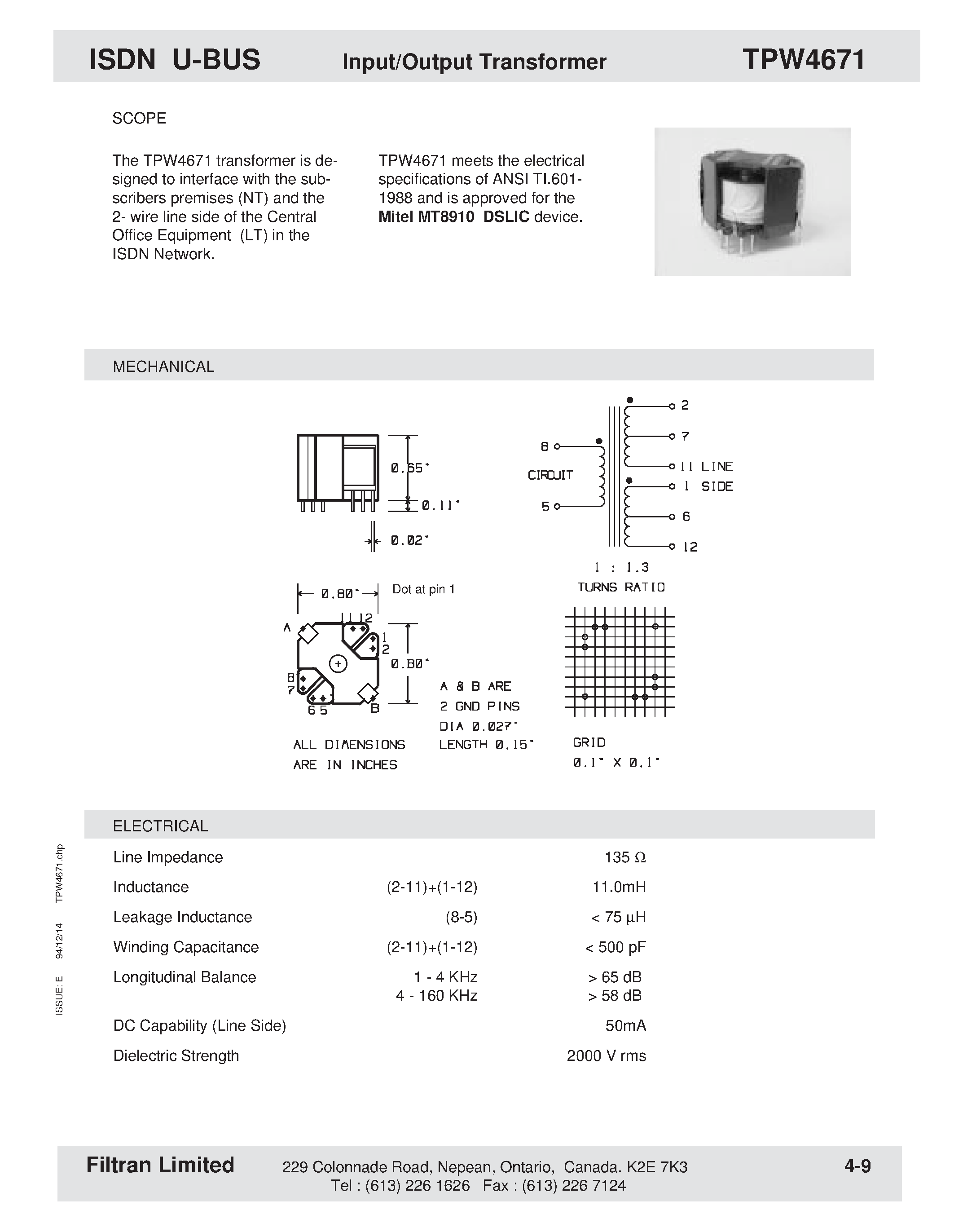 Datasheet TPW4671 - ISDN S-Bus Input/Output Transformer page 1