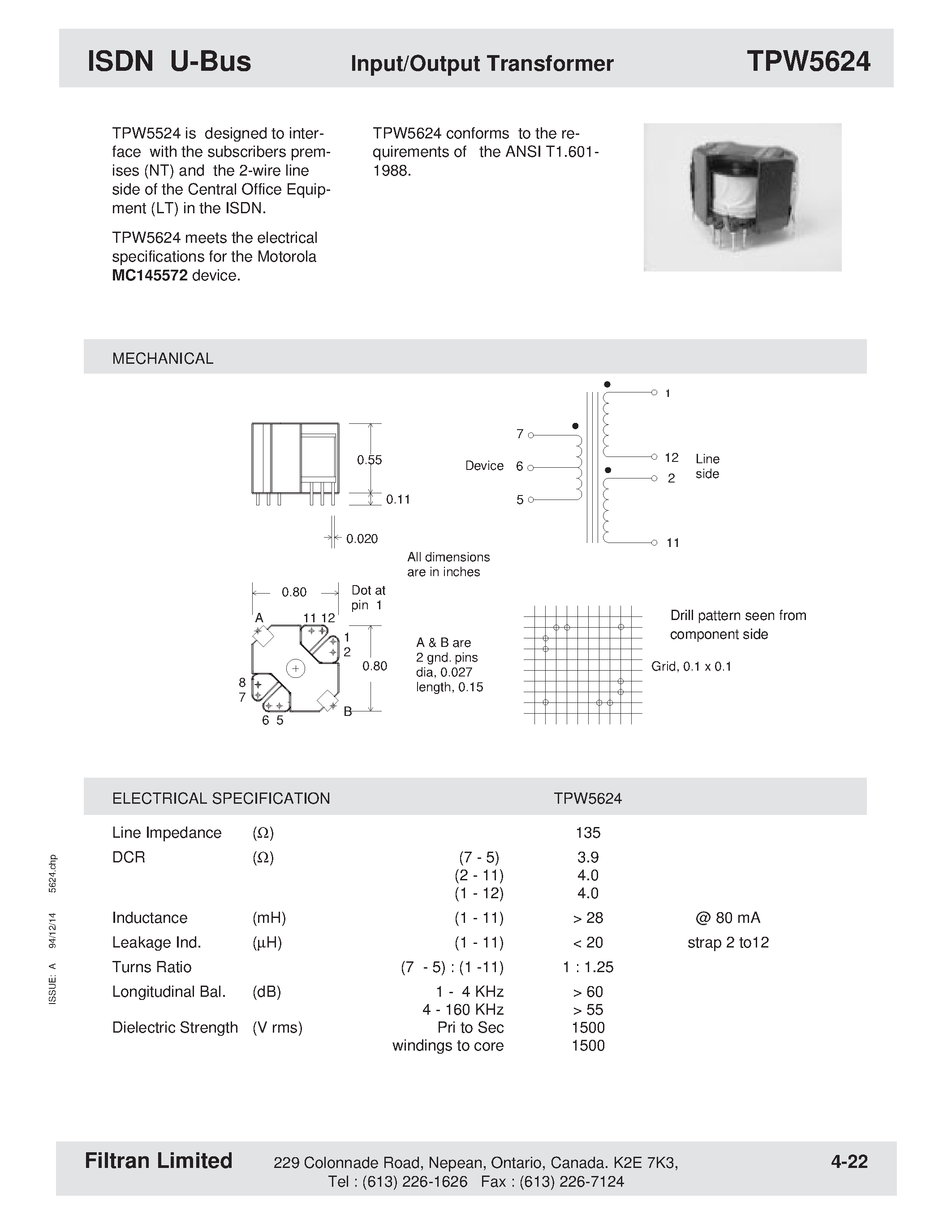 Datasheet TPW5624 - ISDN S-Bus Input/Output Transformer page 1