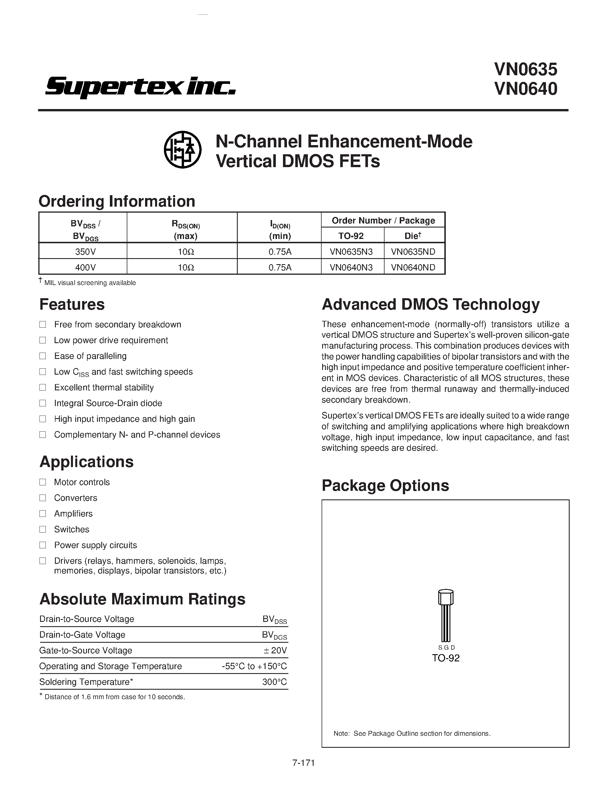 Datasheet VN0635 page 1 Datasheet VN0635 - (VN0635 / VN0640) N-Channel Enhancement-Mode Vertical DMOS FETs page 1
