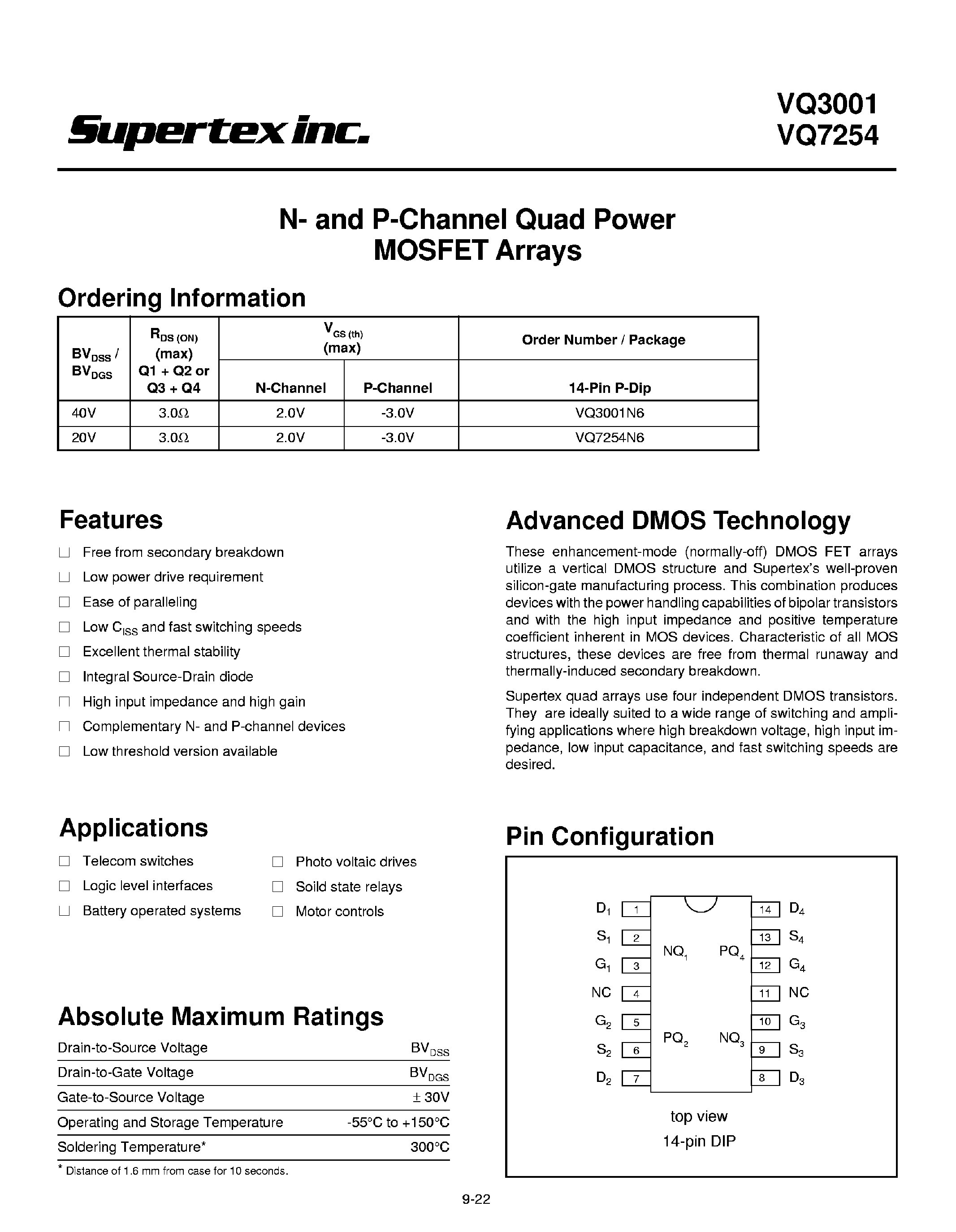 Datasheet VQ7254 page 1 Datasheet VQ7254 - N- and P-Channel Quad Power MOSFET Arrays page 1